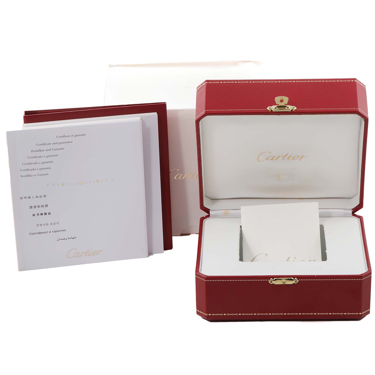 The image shows the packaging, box, and documentation for a Cartier Ronde W6701011 Men
s Stainless Steel Silver Dial W6701011 Men
s Stainless Steel Silver Dial watch.