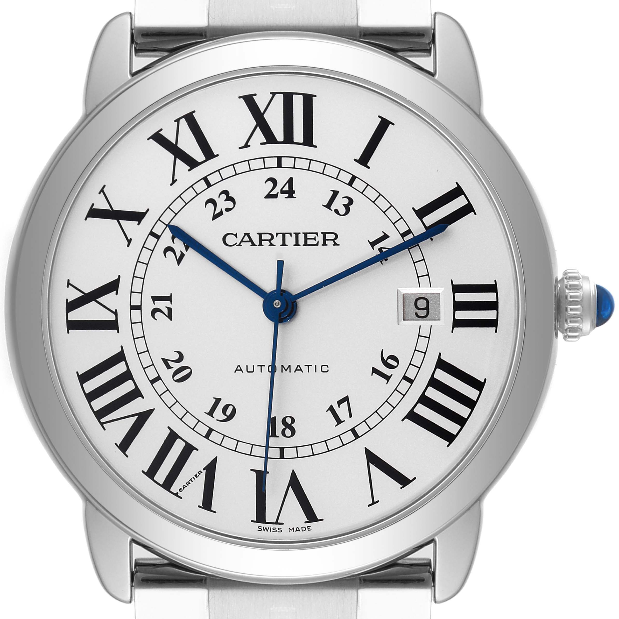 This is a front view of the Cartier Ronde W6701011 Men
s Stainless Steel Silver Dial W6701011 Men
s Stainless Steel Silver Dial model watch, showing the dial, Roman numerals, date window, and blued hands.