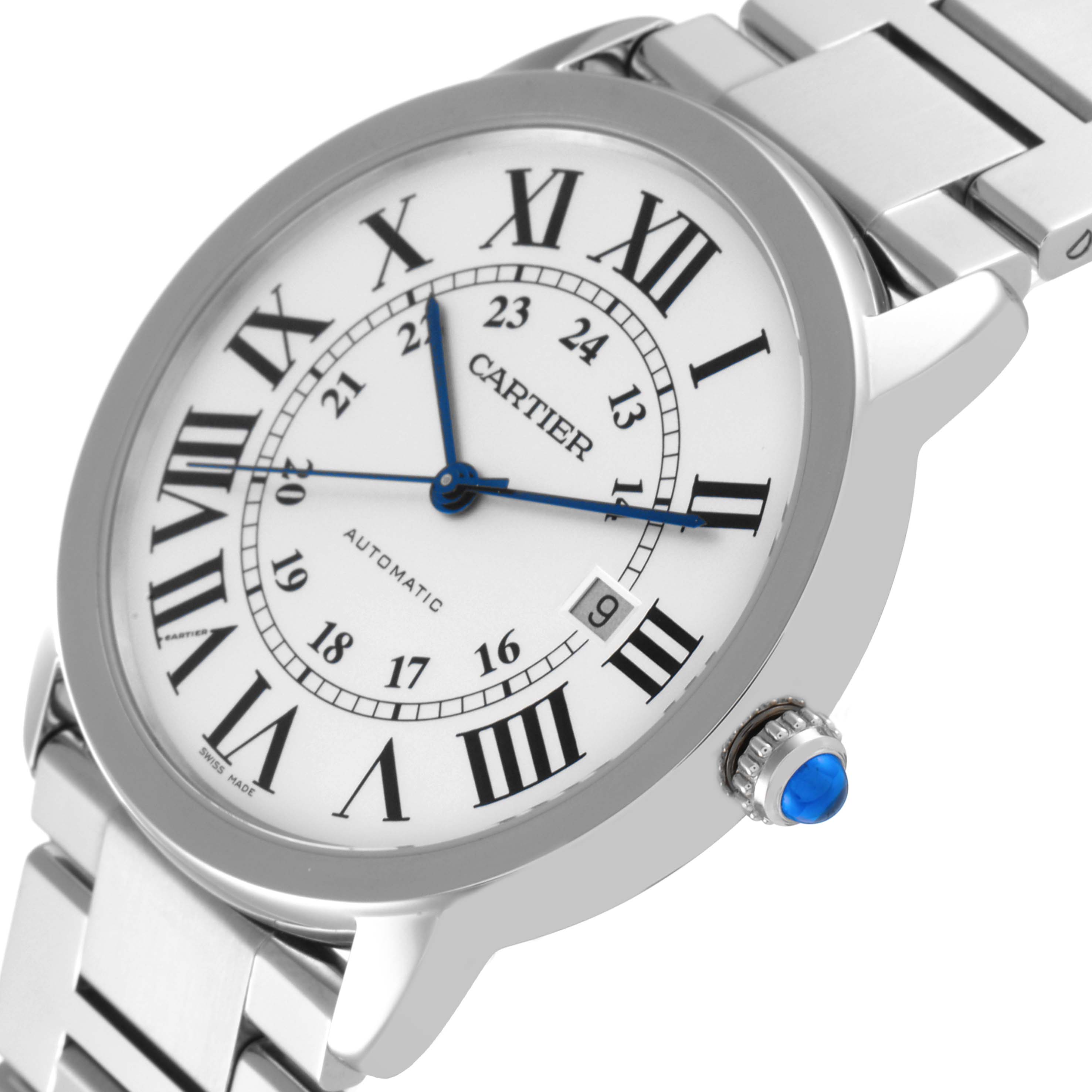 The Cartier Ronde W6701011 Men
s Stainless Steel Silver Dial W6701011 Men
s Stainless Steel Silver Dial watch is shown at an angle highlighting the face, crown, and part of the bracelet.