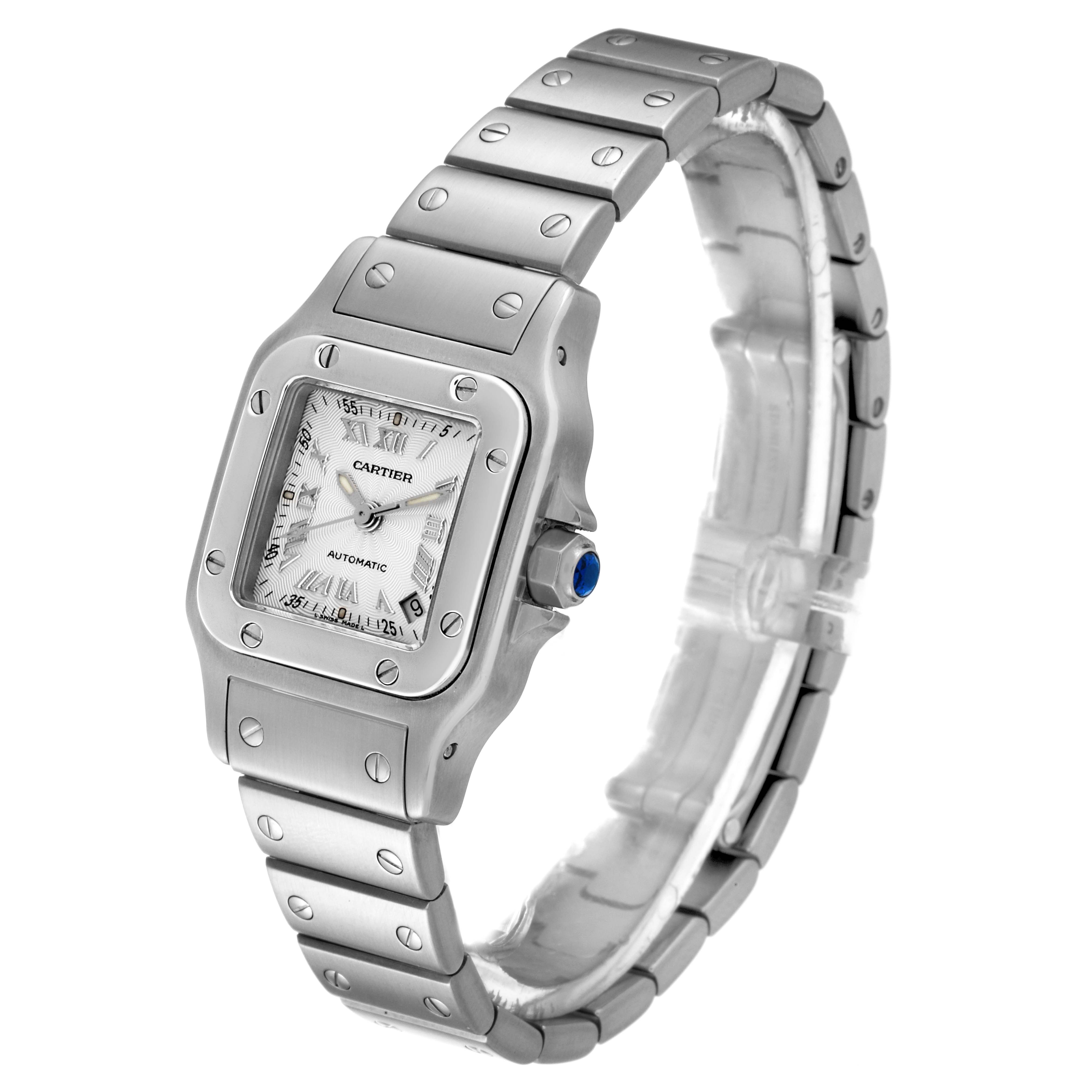 The Cartier Santos W20044D6 Women's Stainless Steel Silver Dial W20044D6 Women's Stainless Steel Silver Dial model watch is shown from an angled side view, highlighting the case, dial, bezel, and bracelet.