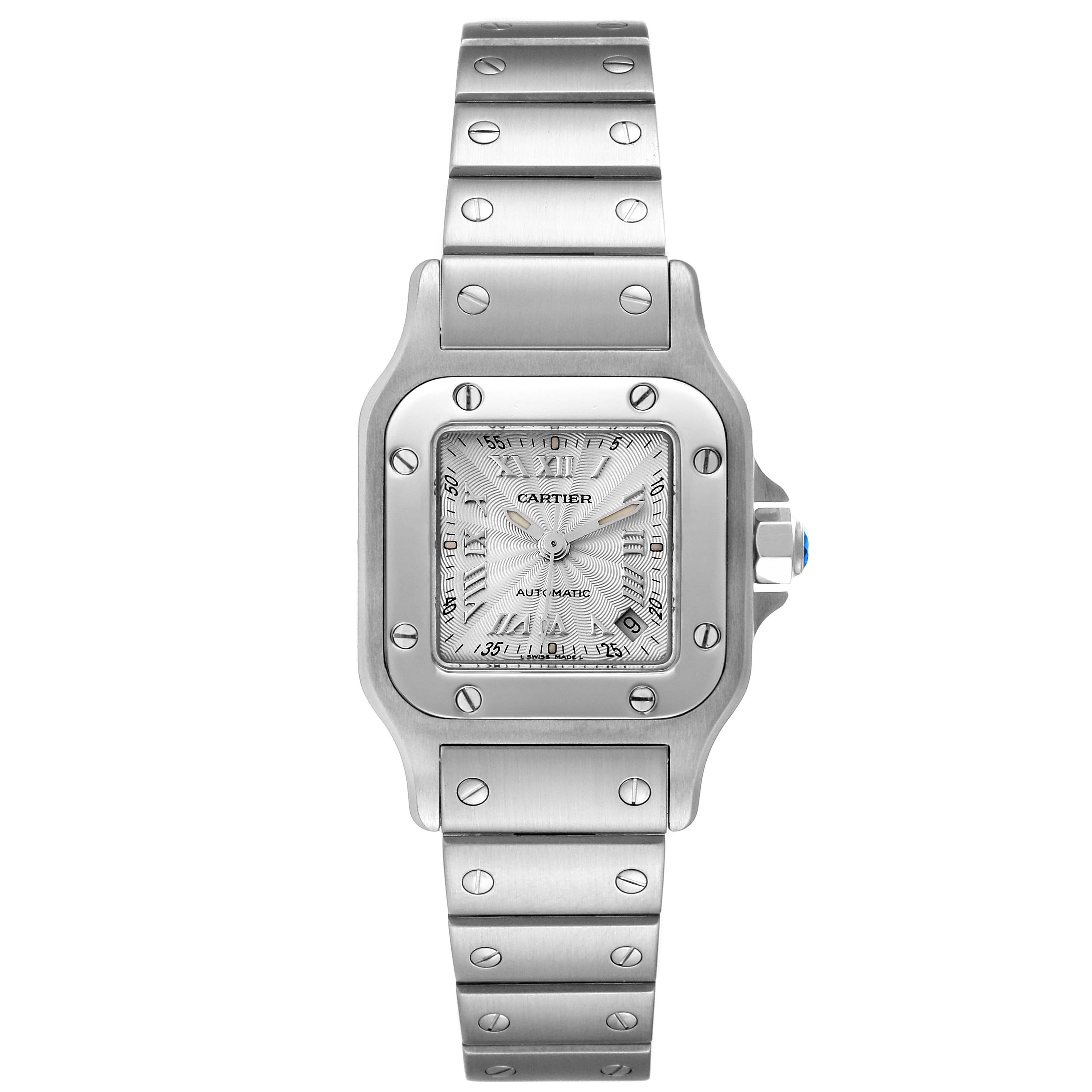 The image shows a Cartier Santos W20044D6 Women's Stainless Steel Silver Dial W20044D6 Women's Stainless Steel Silver Dial watch from the front, displaying the dial, bezel, crown, and bracelet.