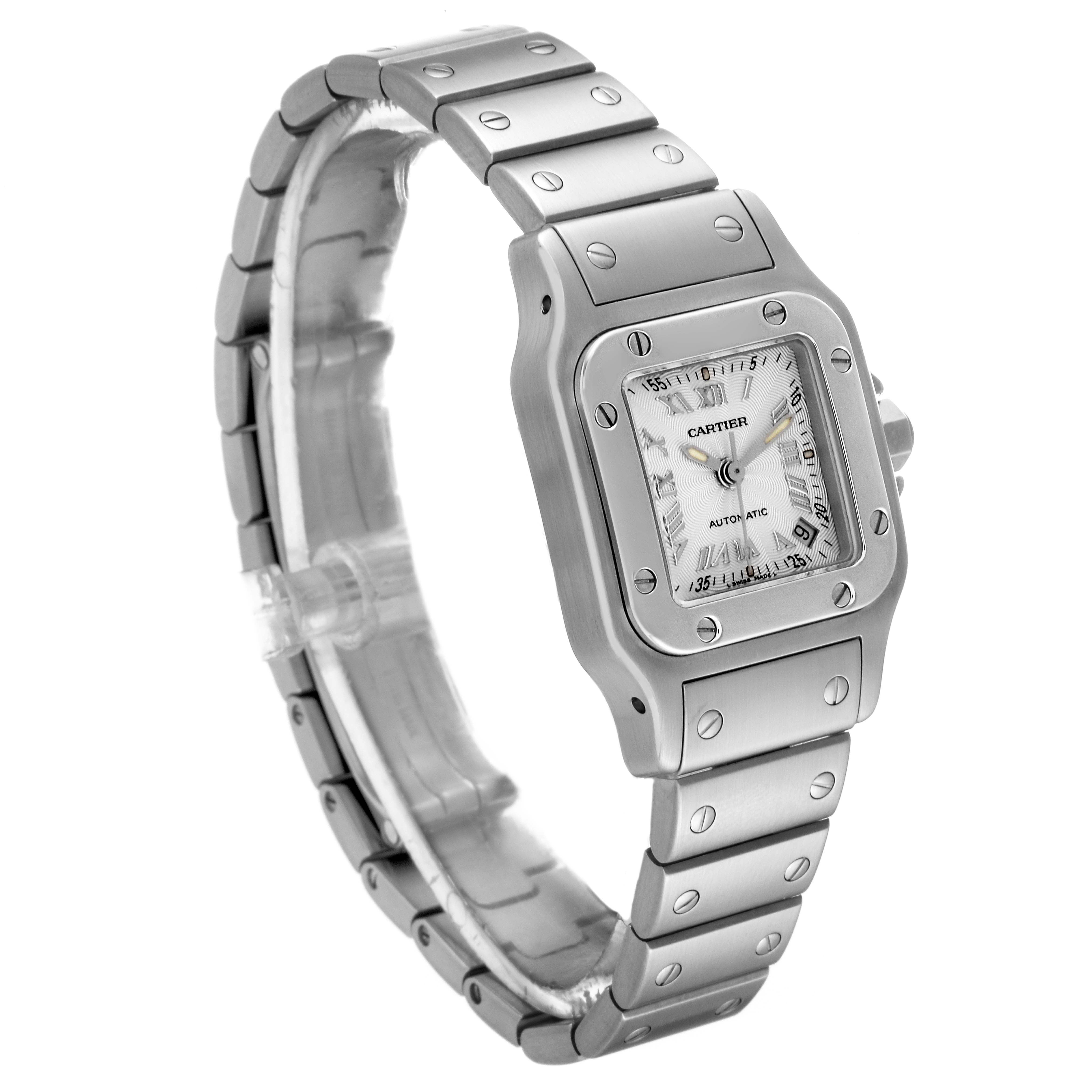 This image shows a Cartier Santos W20044D6 Women's Stainless Steel Silver Dial W20044D6 Women's Stainless Steel Silver Dial watch angled slightly to showcase the front face and stainless steel bracelet.