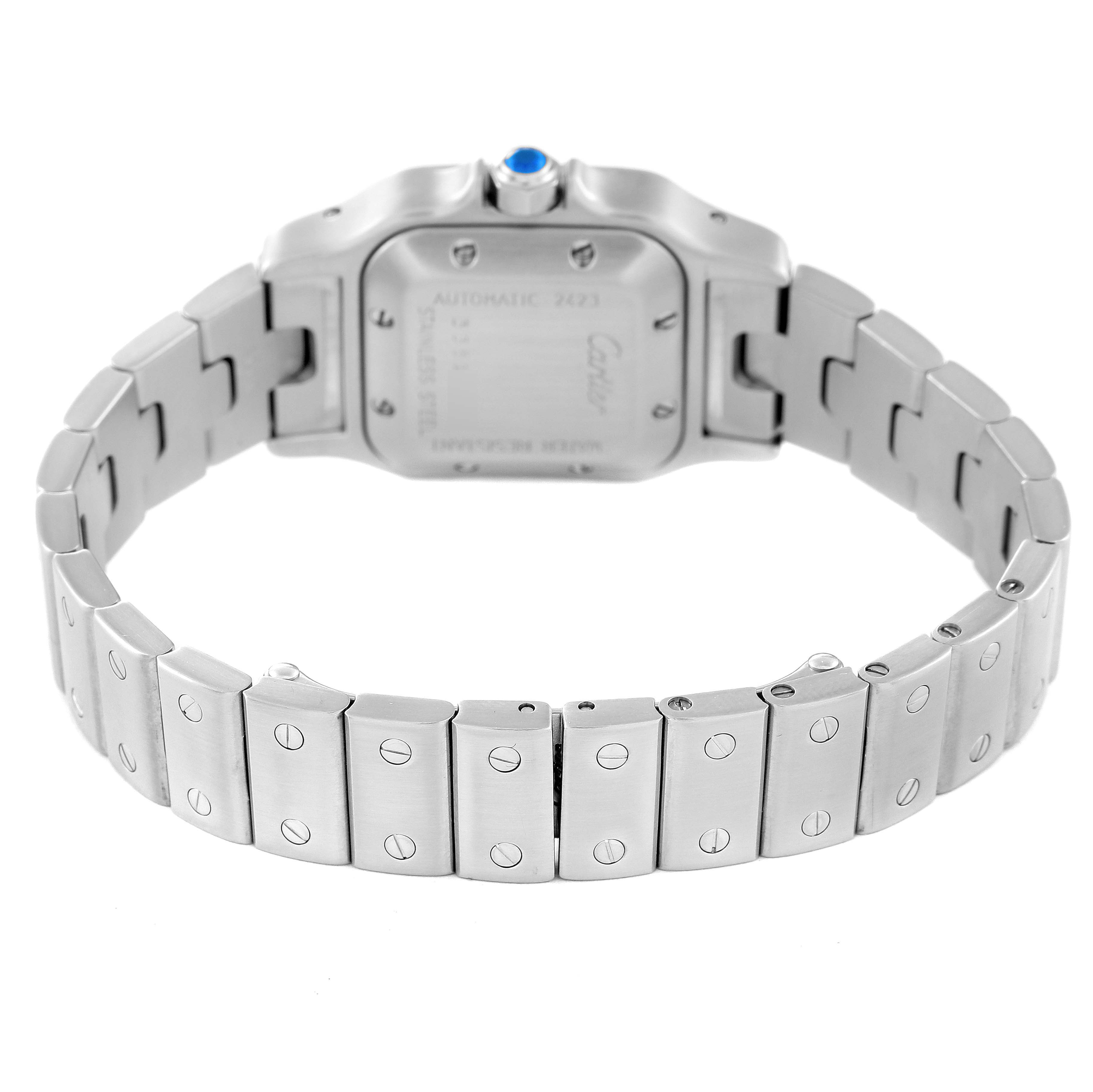 The image shows the back and bracelet of a Santos model Cartier watch, viewed from a rear angle.