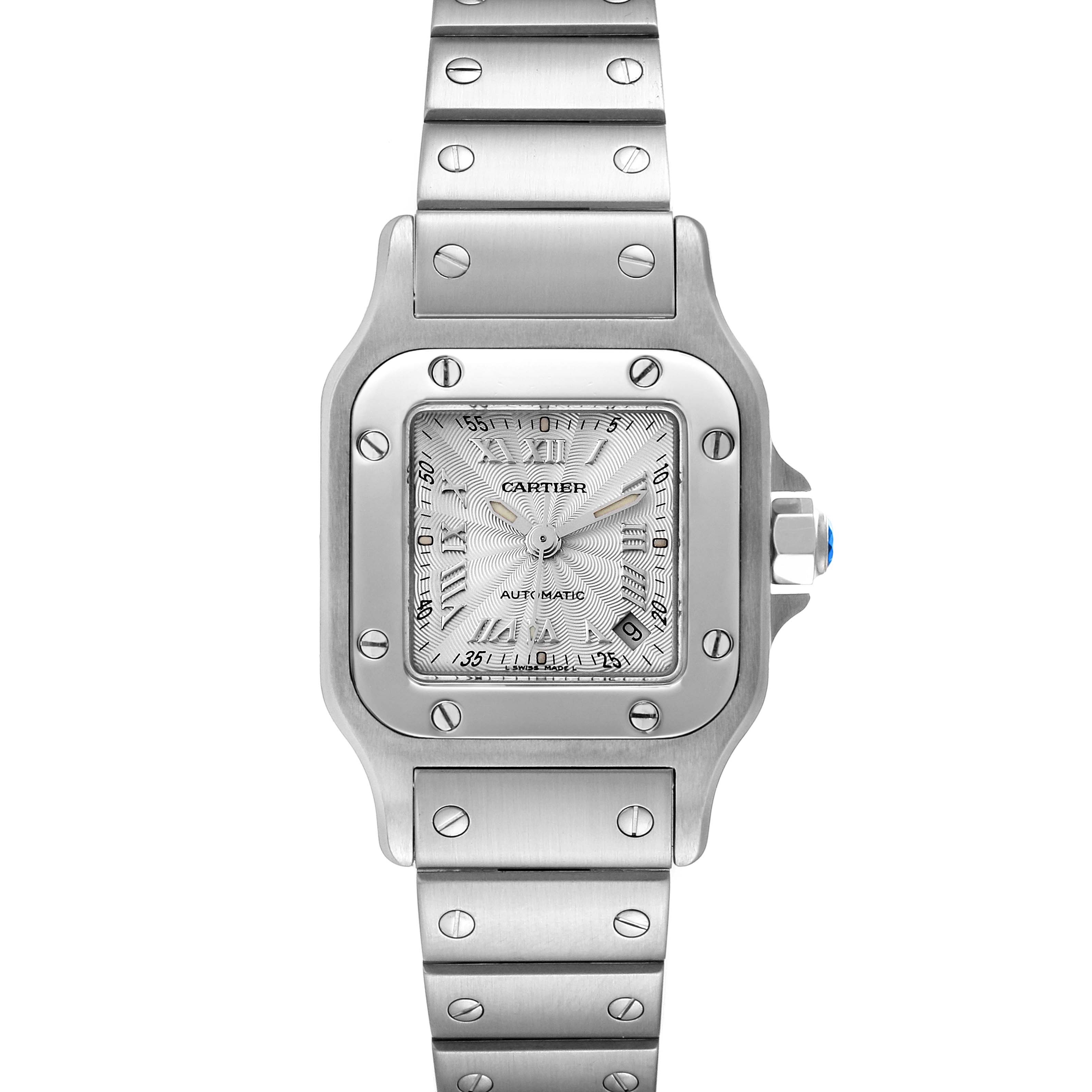 The image shows a Cartier Santos W20044D6 Women's Stainless Steel Silver Dial W20044D6 Women's Stainless Steel Silver Dial model watch with a close-up view of its face, bezel, and bracelet.