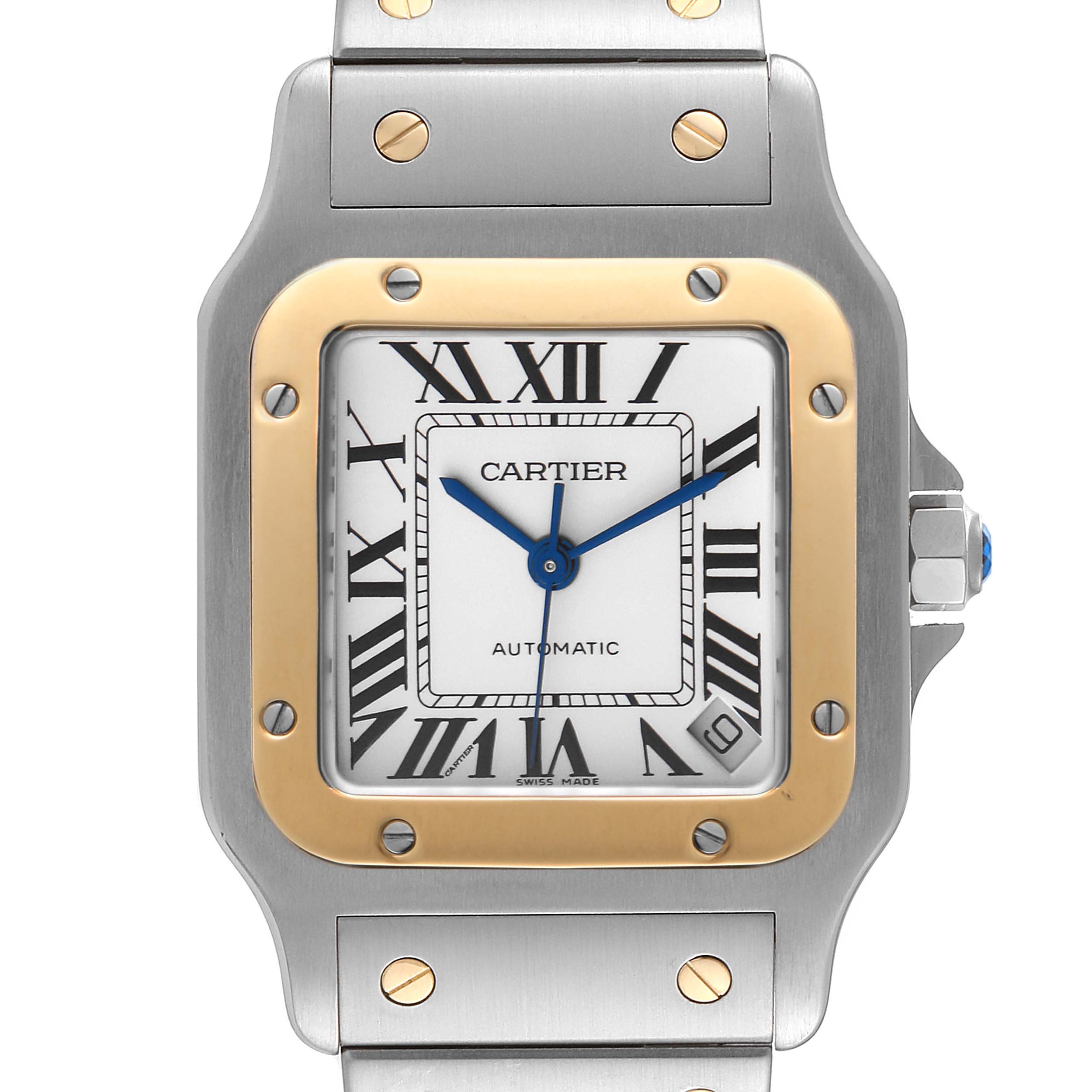 This image shows a close-up of a Cartier Santos W20099C4 Men
s Steel and Gold (two tone) Silver Dial W20099C4 Men
s Steel and Gold (two tone) Silver Dial watch face and part of its bracelet at a straight-on angle.