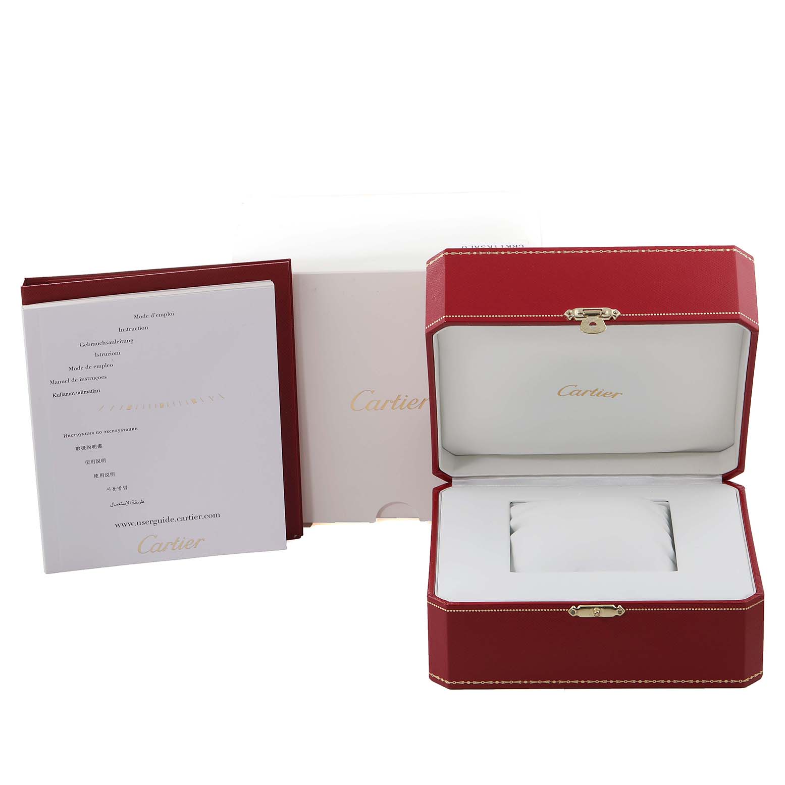 The image shows the open box and packaging, along with the documentation for a Cartier Santos W20099C4 Men
s Steel and Gold (two tone) Silver Dial W20099C4 Men
s Steel and Gold (two tone) Silver Dial watch.