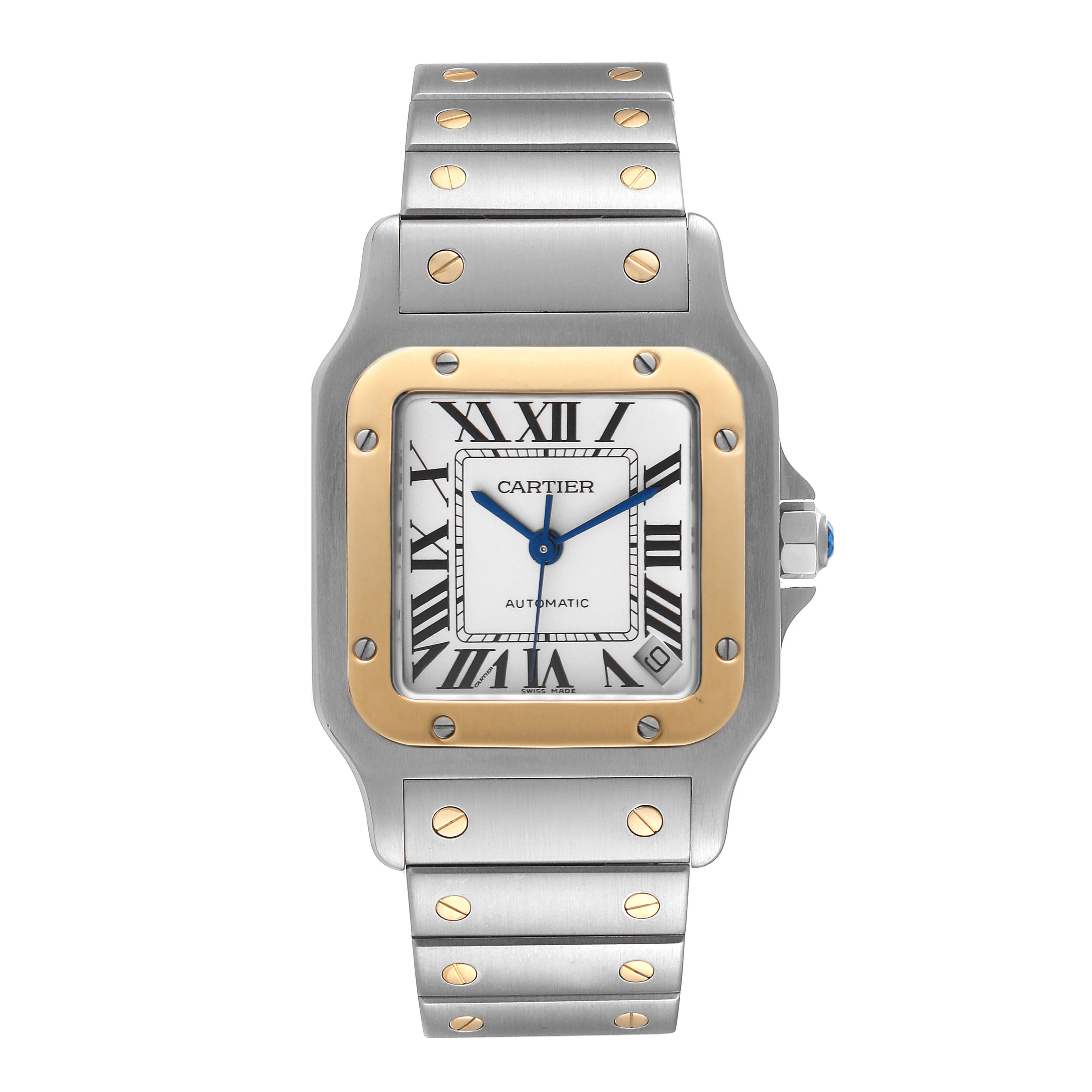 This image shows the front view of a Cartier Santos W20099C4 Men
s Steel and Gold (two tone) Silver Dial W20099C4 Men
s Steel and Gold (two tone) Silver Dial watch, highlighting the dial, bezel, and part of the bracelet.