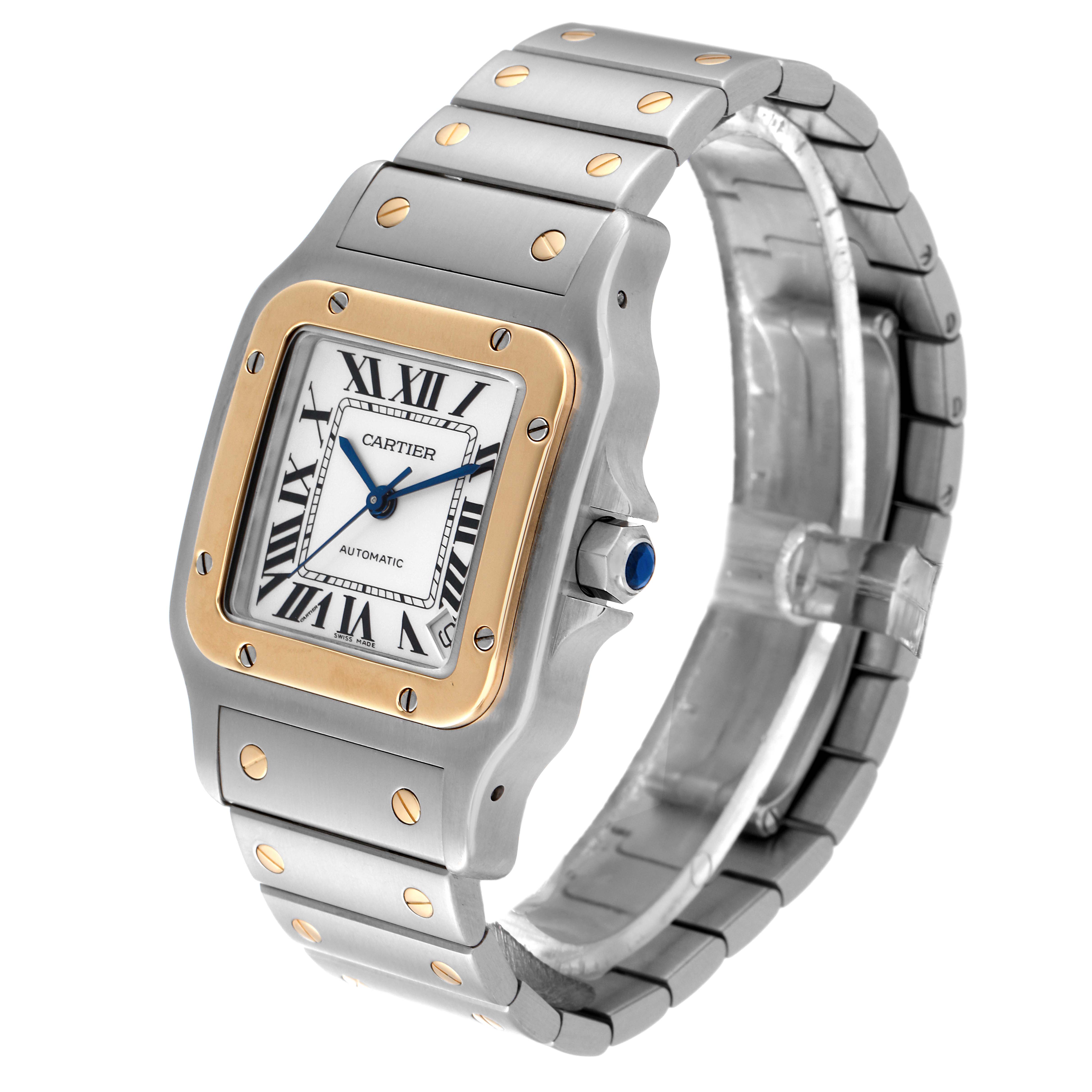The image shows a side angle of the Cartier Santos W20099C4 Men
s Steel and Gold (two tone) Silver Dial W20099C4 Men
s Steel and Gold (two tone) Silver Dial watch, highlighting the face, bezel, band, and crown.