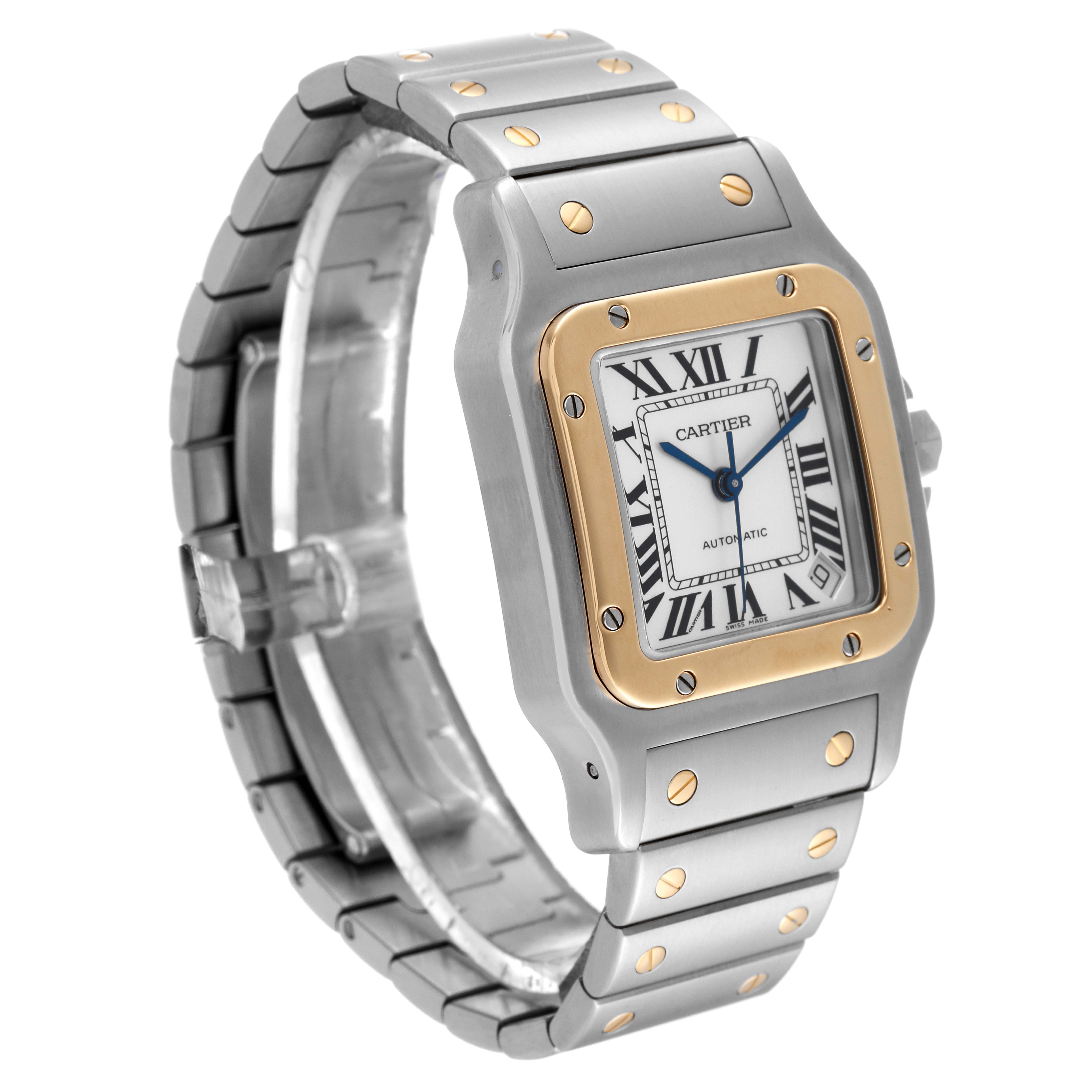 The Cartier Santos W20099C4 Men
s Steel and Gold (two tone) Silver Dial W20099C4 Men
s Steel and Gold (two tone) Silver Dial watch is shown from an angled front view, displaying the face, bezel, and part of the band.