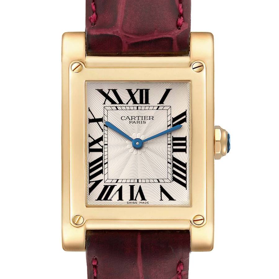 The Cartier Tank A Vis watch is shown from the front, displaying its rectangular dial, Roman numerals, and leather strap.