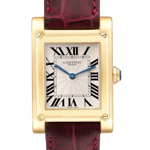 The Cartier Tank A Vis watch is shown from the front, displaying its face, case, and part of the leather strap.