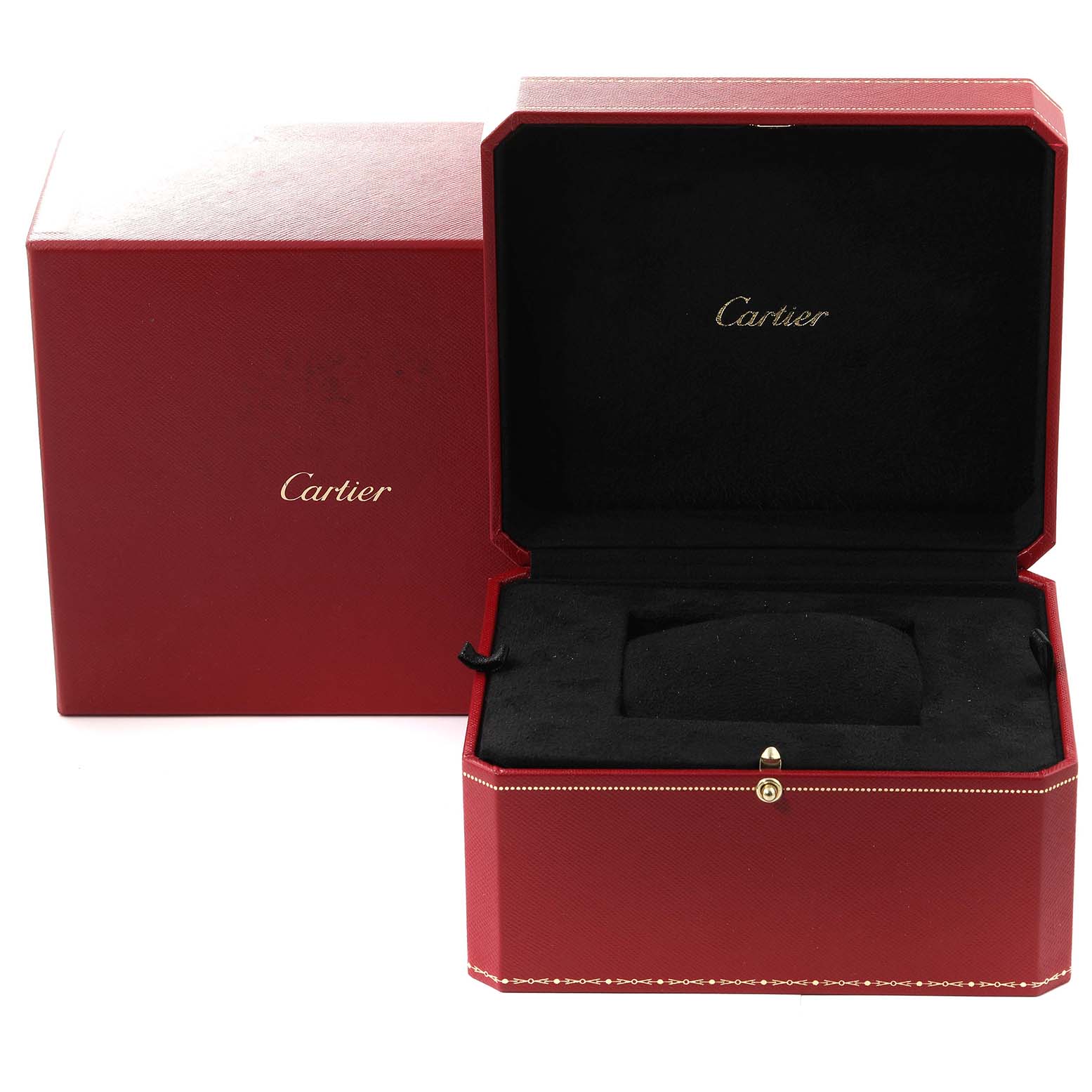 The image shows the open and closed red Cartier box for the Tank A Vis watch.