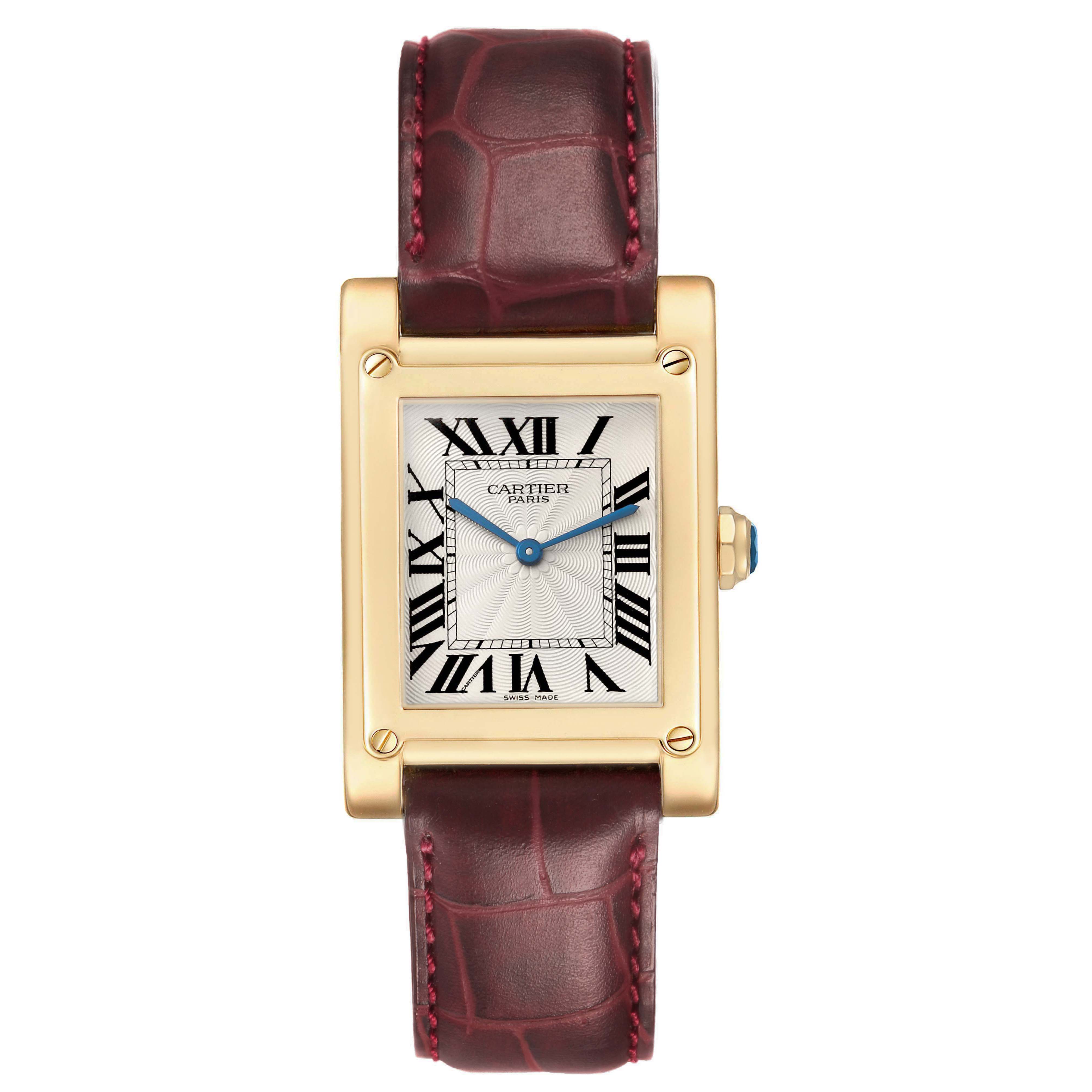 The Cartier Tank A Vis W1529451 Men's Yellow Gold Silver Dial watch is shown from the front, displaying its face, case, and leather strap.