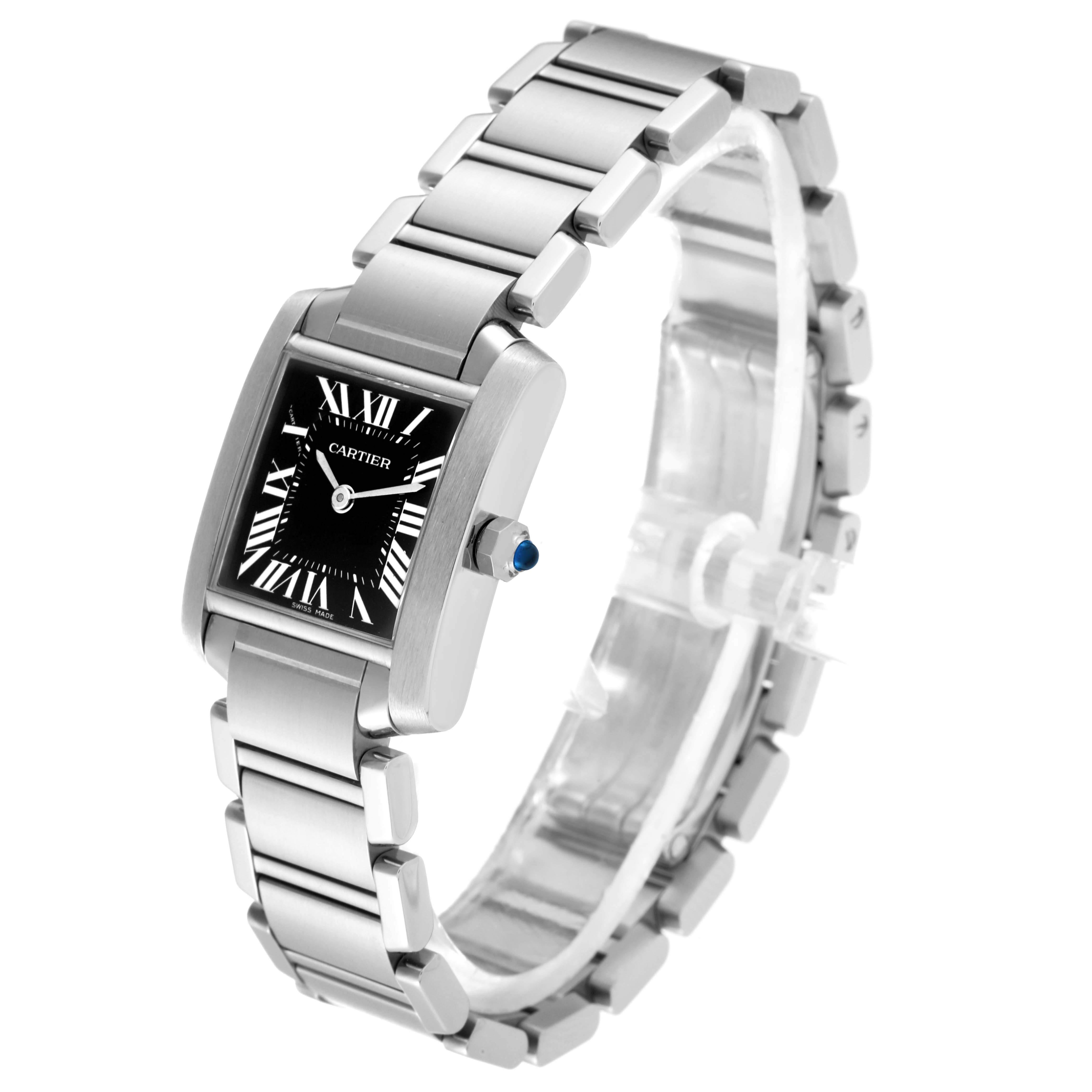 This image shows a Cartier Tank Française watch at an oblique angle, displaying its rectangular face and metal bracelet.