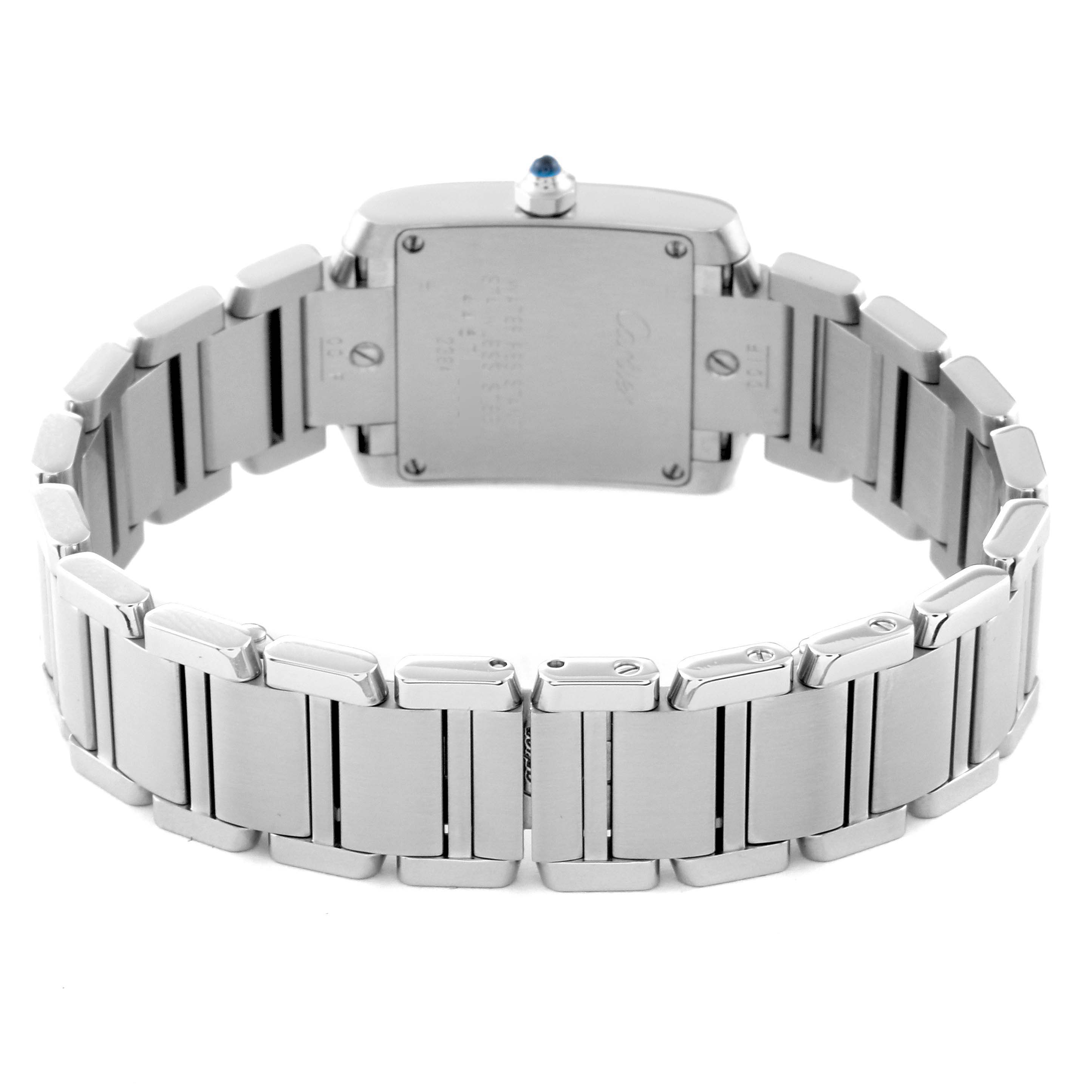 The image shows the back side and bracelet of the Cartier Tank Française watch.
