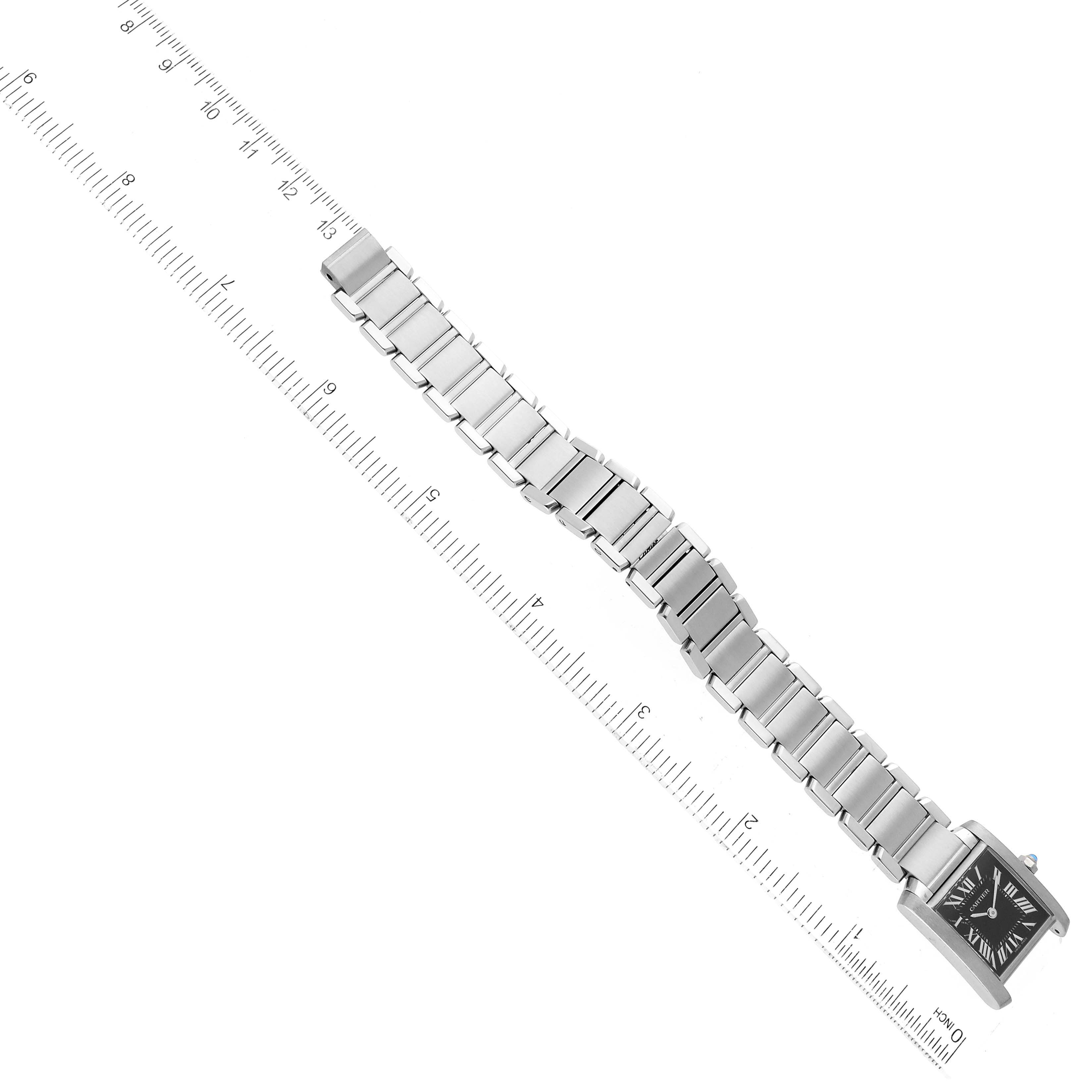 The image displays the Cartier Tank Francaise W51026Q3 Women's Stainless Steel Black Dial W51026Q3 Women's Stainless Steel Black Dial watch horizontally, showing the face and full length of the metal bracelet on a measurement scale.