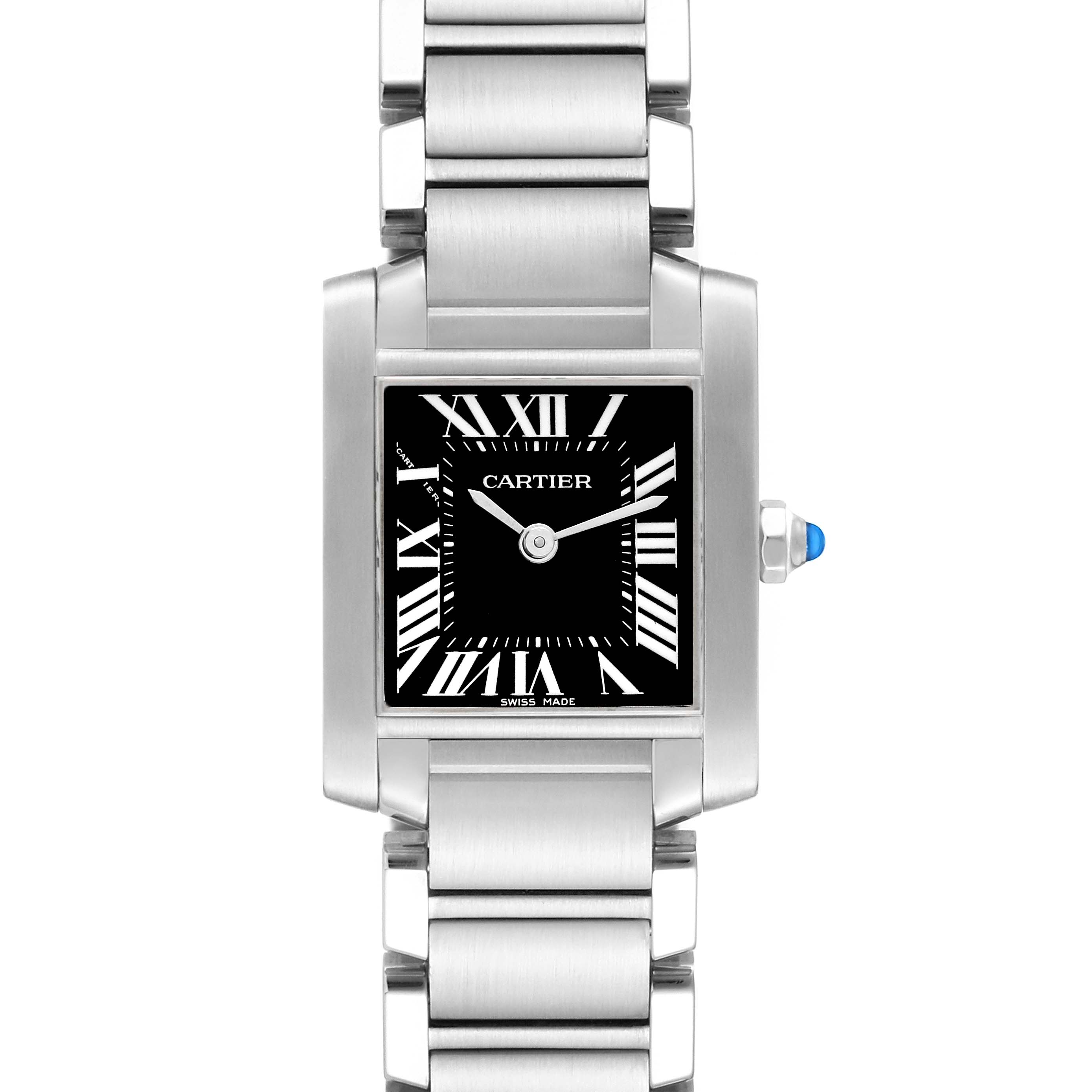 The image shows a head-on view of the Cartier Tank Française watch, displaying the black dial, Roman numerals, and metal bracelet.
