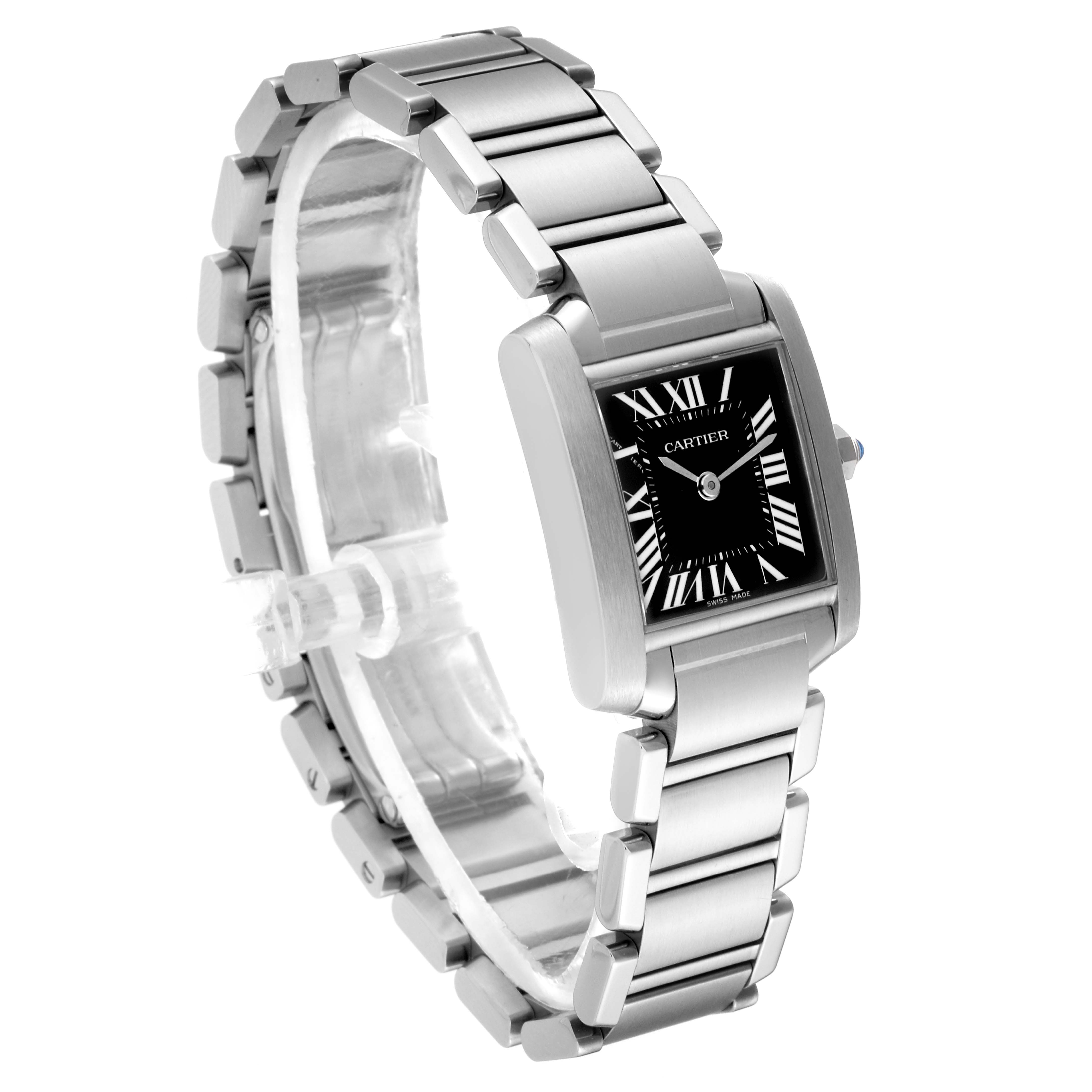 This Cartier Tank Francaise W51026Q3 Women's Stainless Steel Black Dial W51026Q3 Women's Stainless Steel Black Dial watch is shown at an angled side view, highlighting its rectangular face, Roman numeral dial, and stainless steel bracelet.