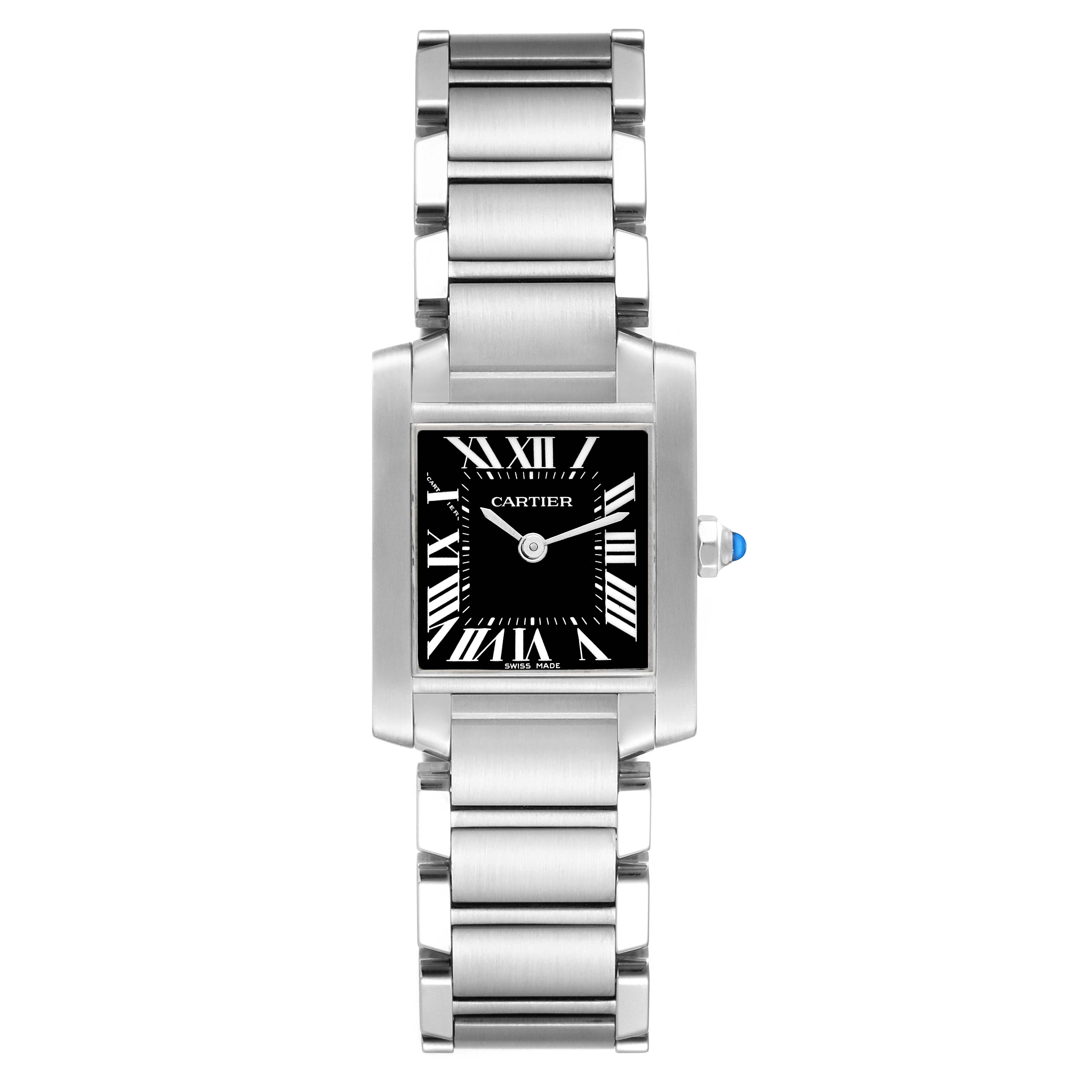 The image shows a frontal view of a Cartier Tank Francaise W51026Q3 Women's Stainless Steel Black Dial W51026Q3 Women's Stainless Steel Black Dial watch, highlighting its stainless steel band, black dial, and Roman numerals.