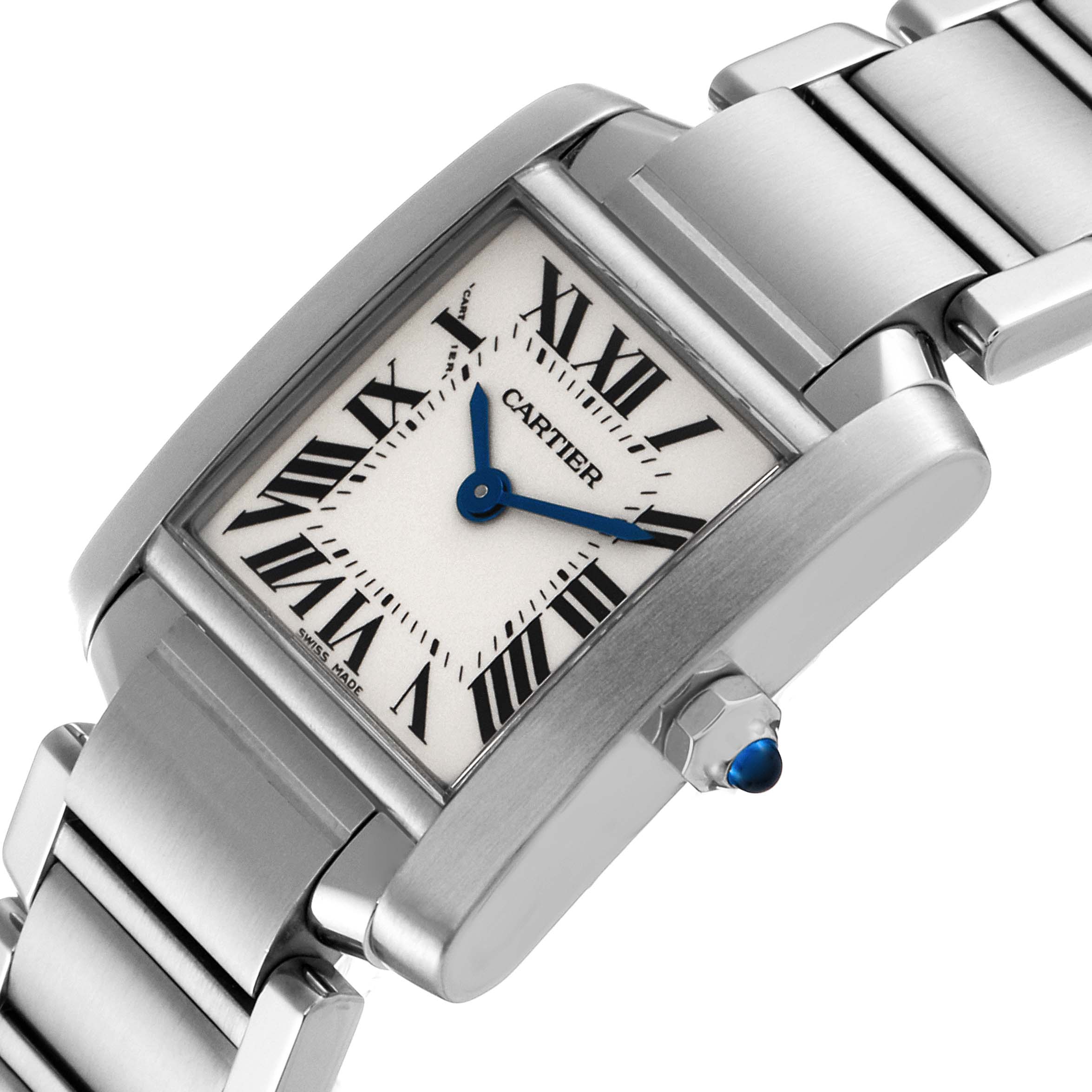The Tank Francaise by Cartier is shown at an angle highlighting the dial, crown, and part of the bracelet.