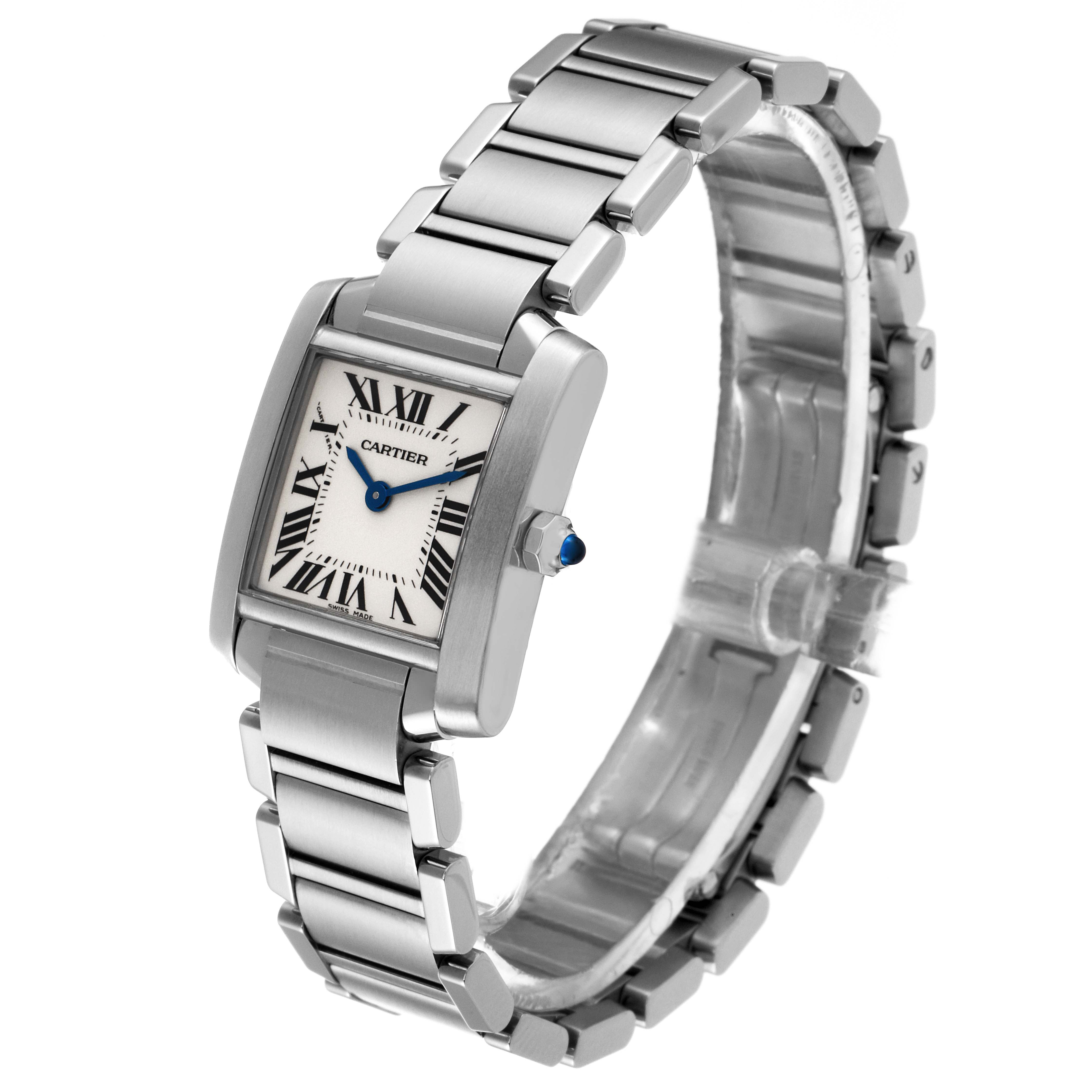 The Cartier Tank Francaise W51008Q3 Women's Stainless Steel Silver Dial W51008Q3 Women's Stainless Steel Silver Dial watch is shown at an angled side view, highlighting its rectangular face and metal bracelet.