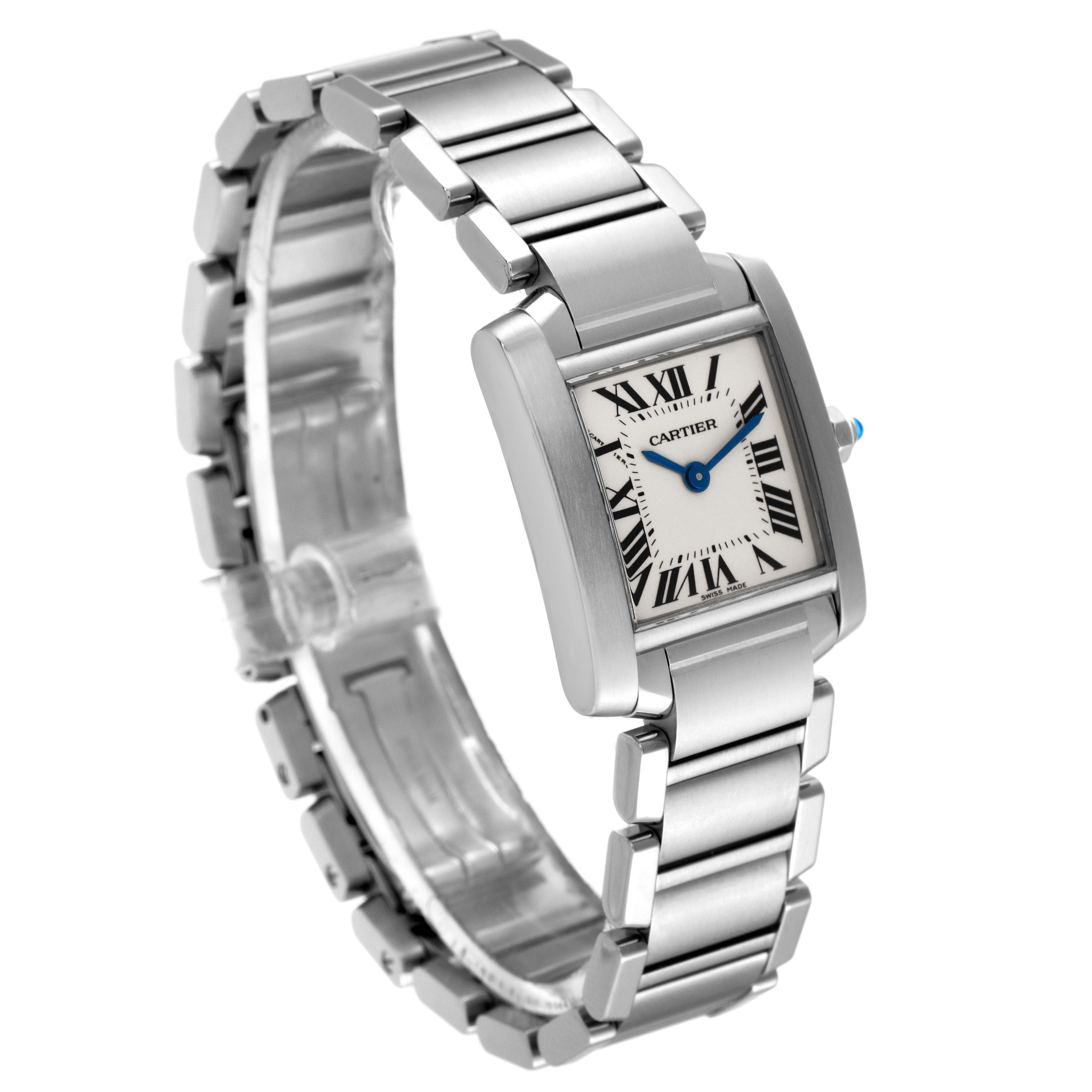 The image shows a side view of a Cartier Tank Francaise W51008Q3 Women's Stainless Steel Silver Dial W51008Q3 Women's Stainless Steel Silver Dial watch, highlighting the rectangular face, Roman numeral dial, and metal bracelet.