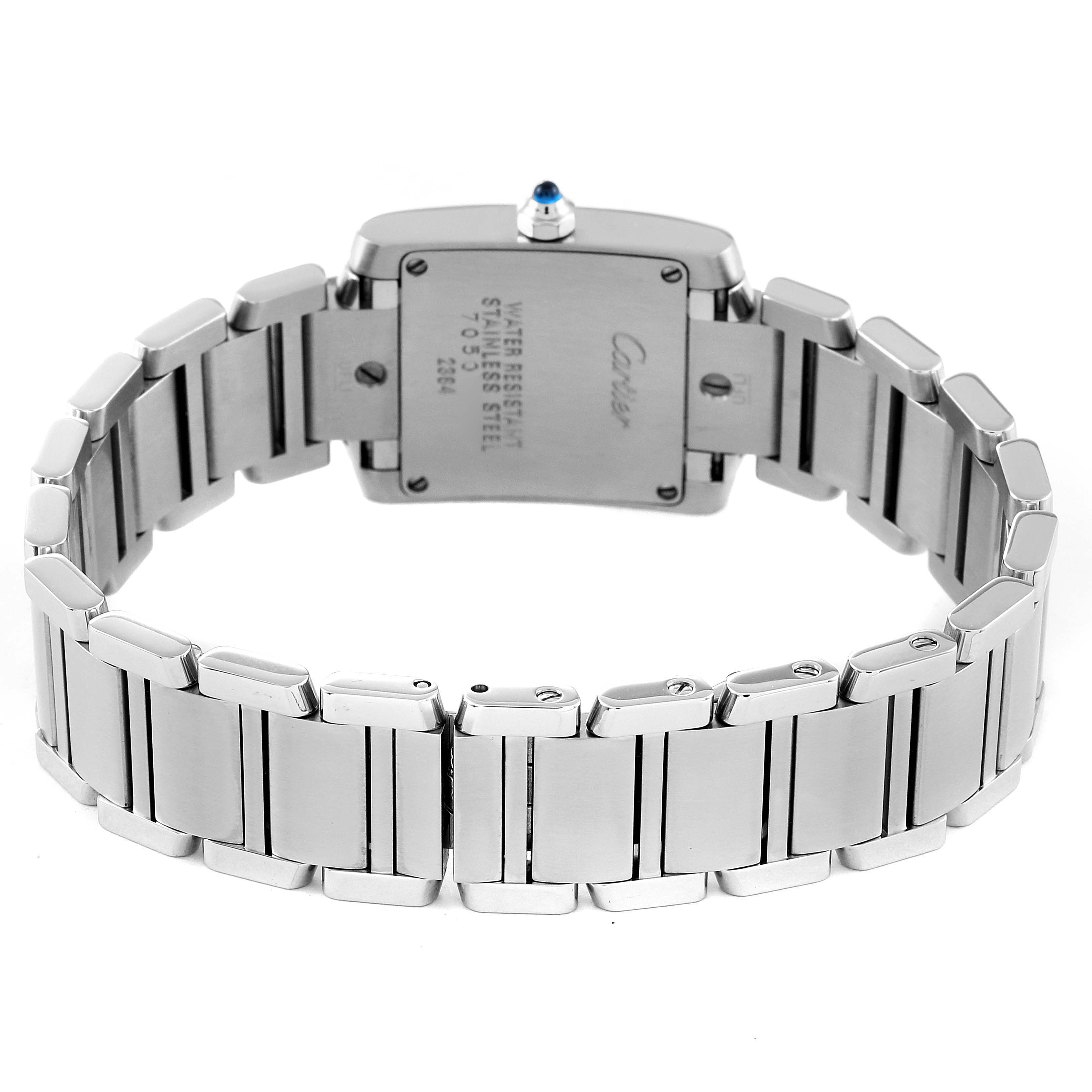 The image shows the backside and bracelet of a Cartier Tank Francaise W51008Q3 Women's Stainless Steel Silver Dial W51008Q3 Women's Stainless Steel Silver Dial watch.
