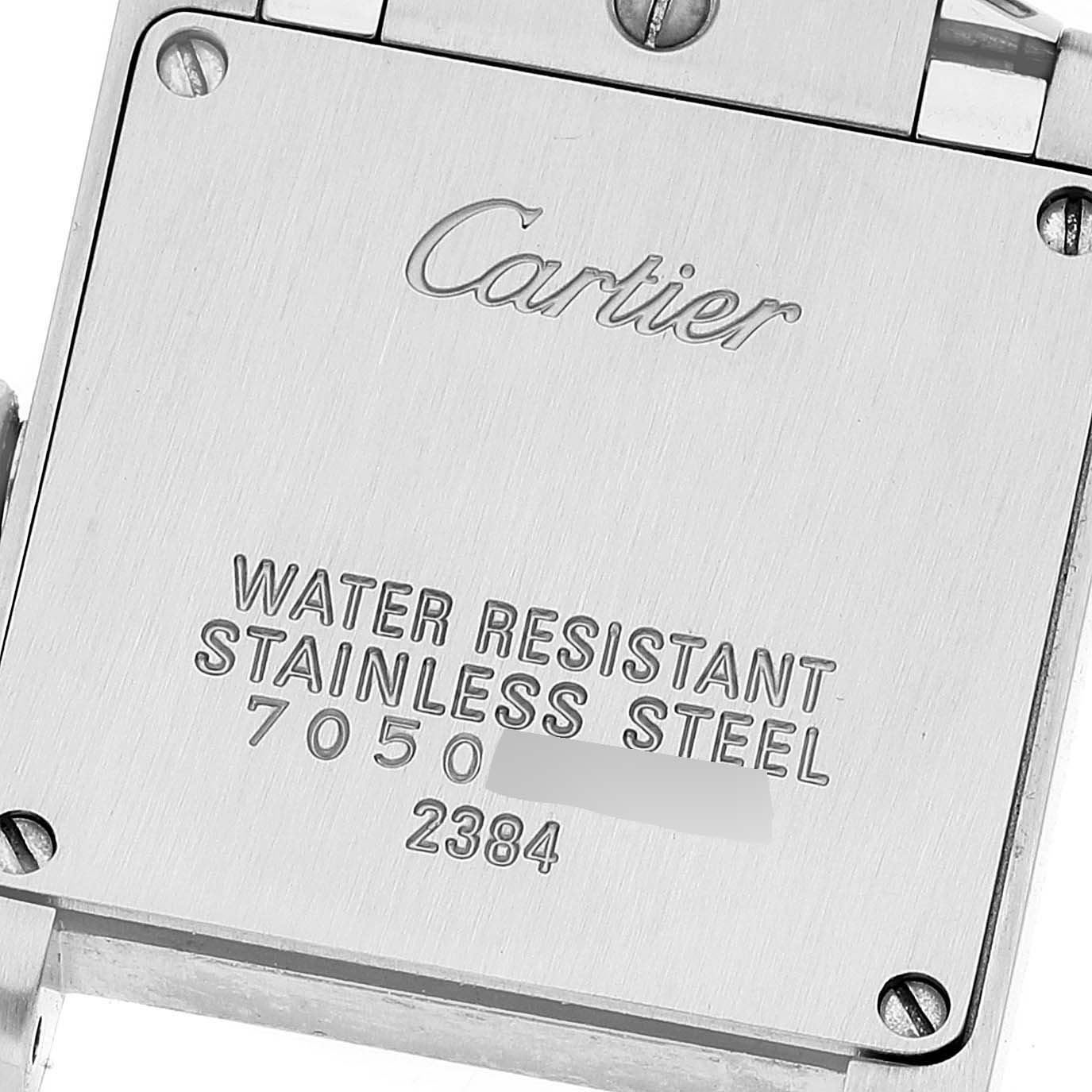 The image shows the back case of a Cartier Tank Francaise W51008Q3 Women's Stainless Steel Silver Dial W51008Q3 Women's Stainless Steel Silver Dial watch, featuring branding and model details.