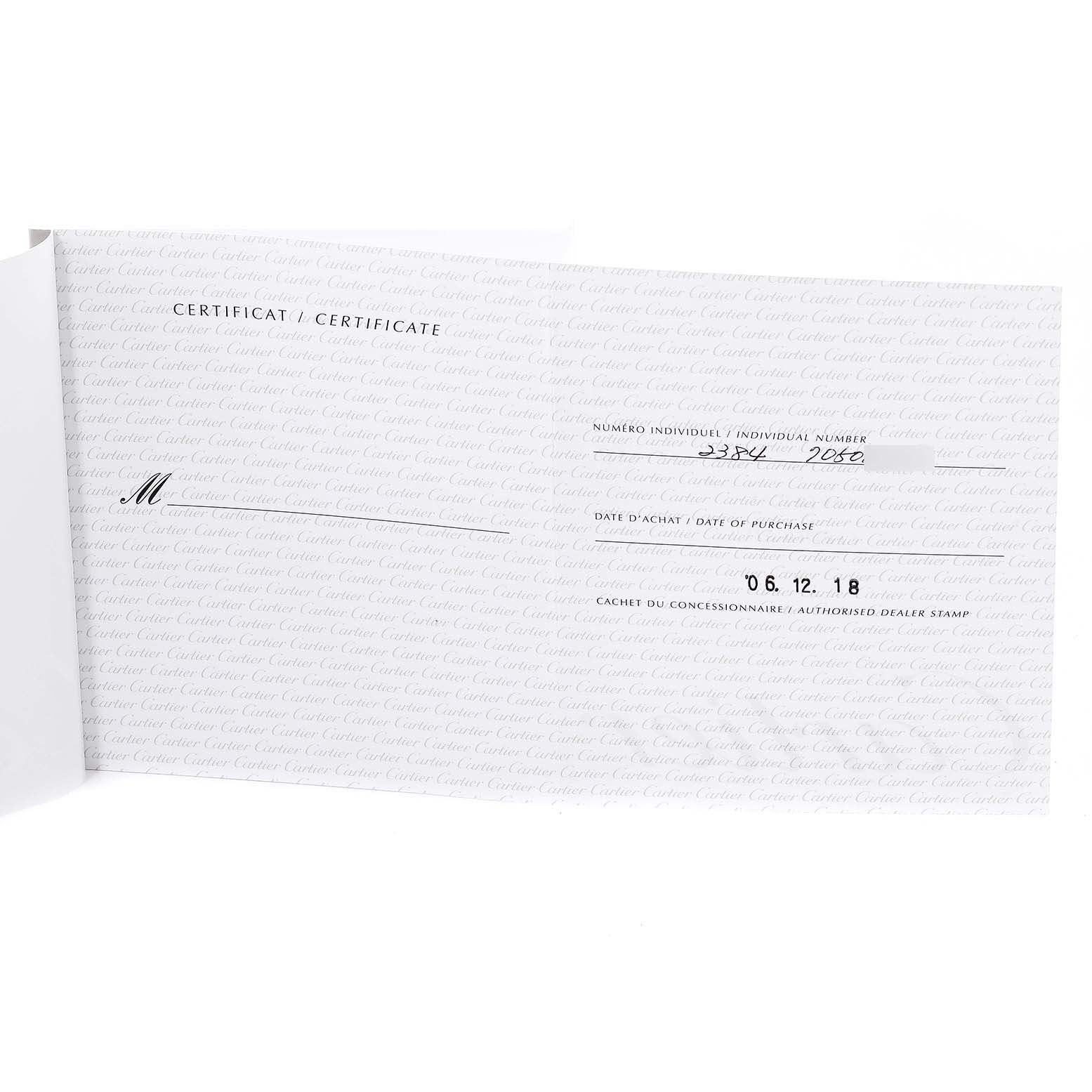 This image shows the top view of a certificate for the Cartier Tank Francaise W51008Q3 Women's Stainless Steel Silver Dial W51008Q3 Women's Stainless Steel Silver Dial watch.