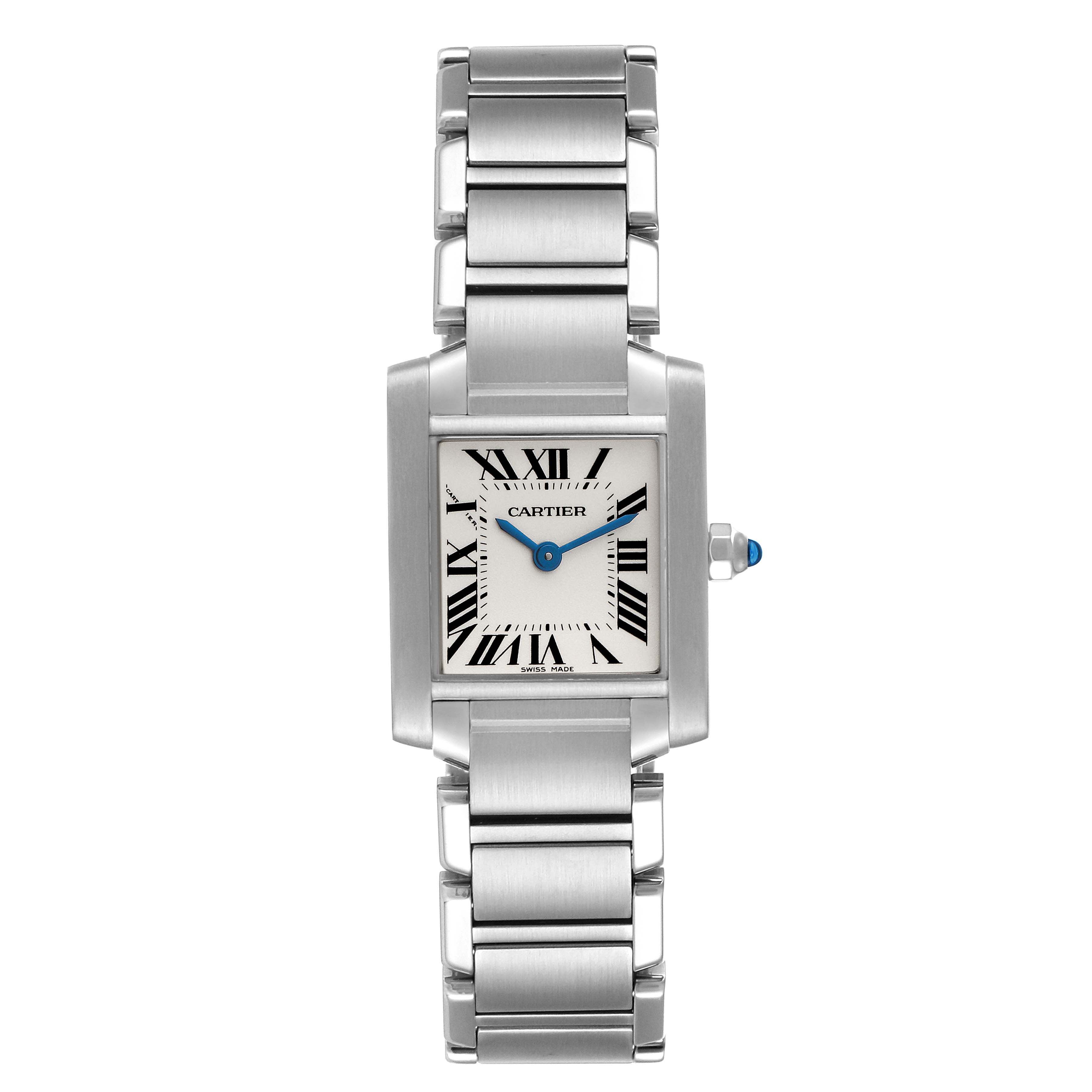 This is a front view of a Tank Francaise model by Cartier showing the watch face and stainless steel bracelet.