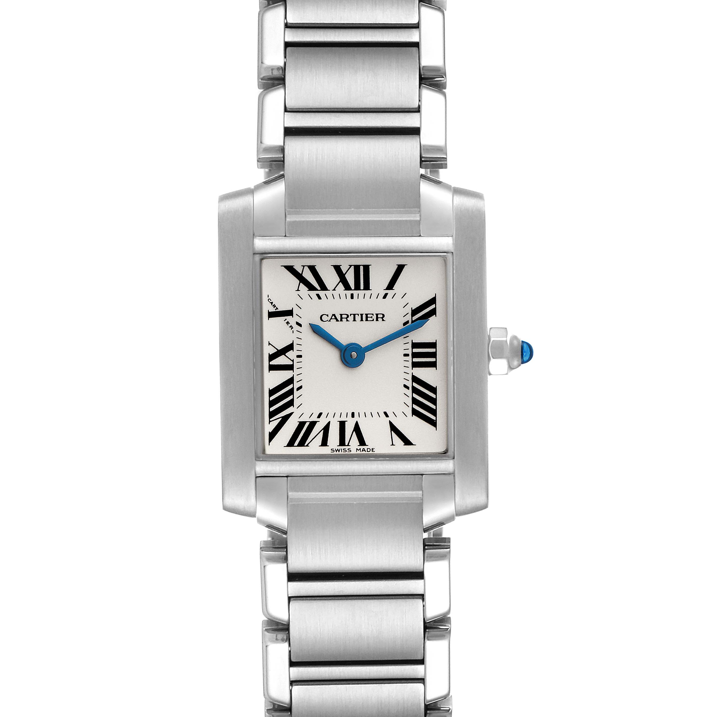 The image shows a front view of the Cartier Tank Française watch, highlighting its face, Roman numerals, and metal bracelet.