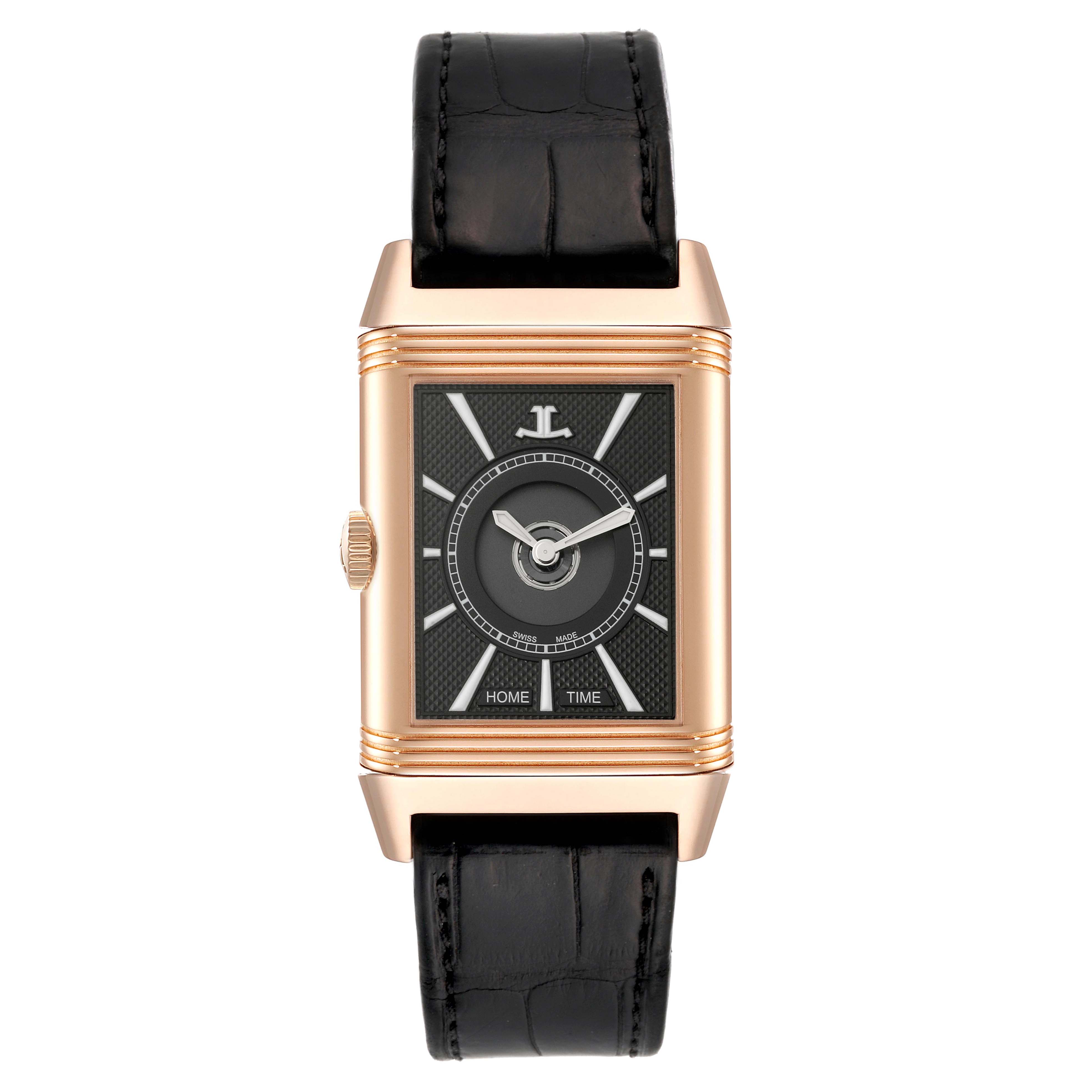 The image shows a front view of the Jaeger LeCoultre Reverso Q3832420 Men's Rose Gold Silver Dial Q3832420 Men's Rose Gold Silver Dial watch, showcasing its dial, case, and leather strap.
