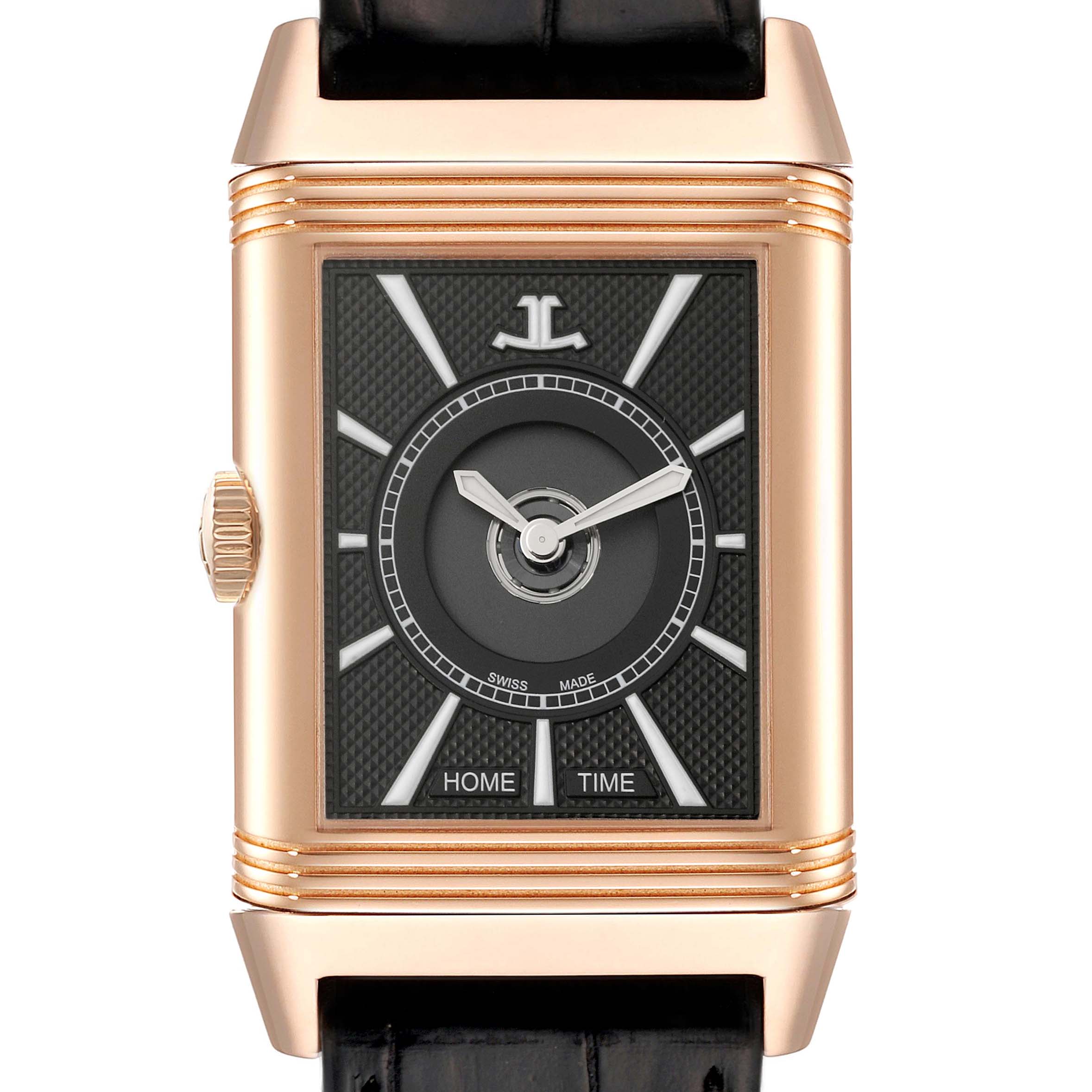 The image shows a front view of the Jaeger LeCoultre Reverso Q3832420 Men's Rose Gold Silver Dial Q3832420 Men's Rose Gold Silver Dial watch, highlighting its rectangular dial, gold case, and black leather strap.
