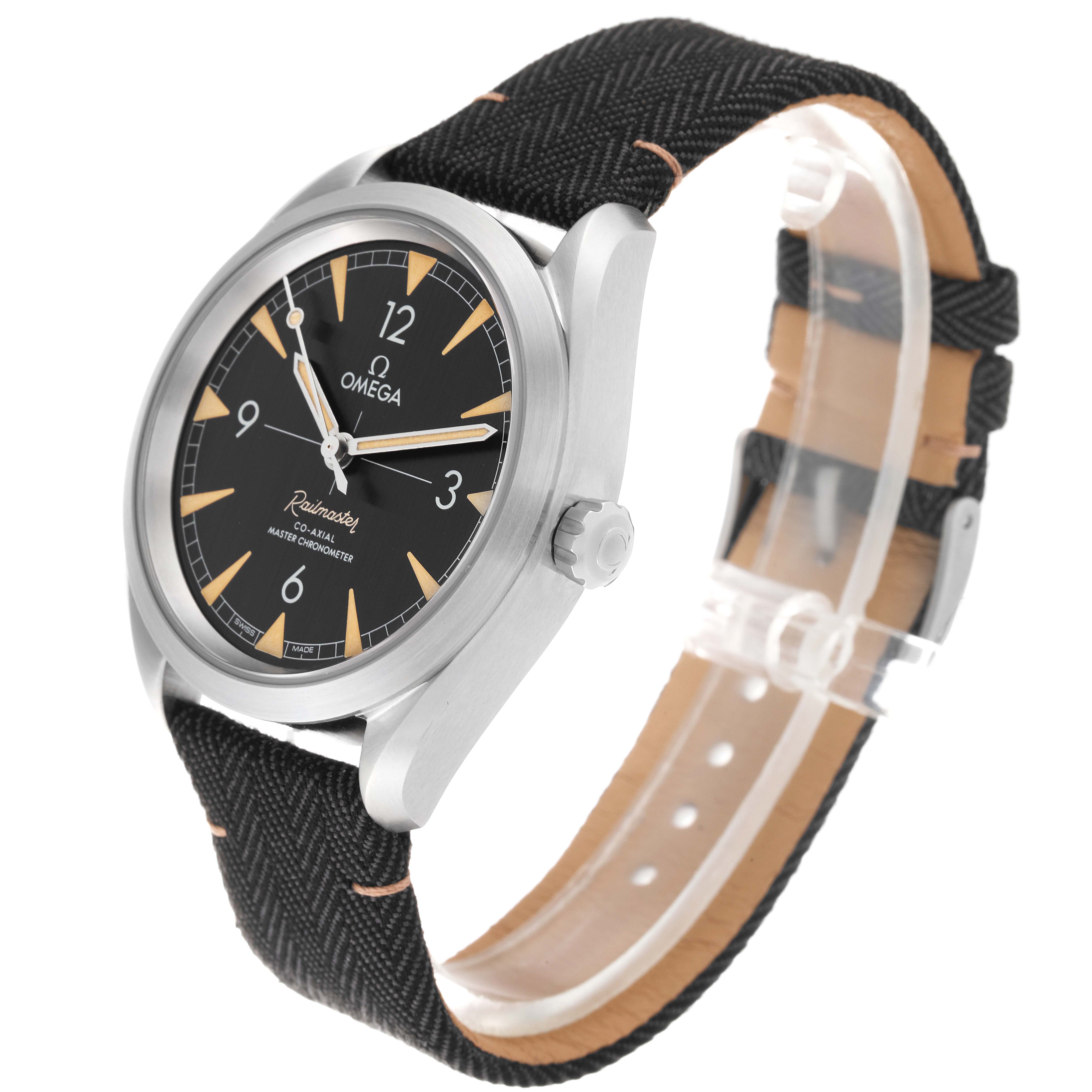 The image displays a side-angle view of an Omega Seamaster 220.12.40.20.01.001 Men
s Stainless Steel Black Dial 220.12.40.20.01.001 Men
s Stainless Steel Black Dial watch, highlighting its black dial, leather strap, and crown.