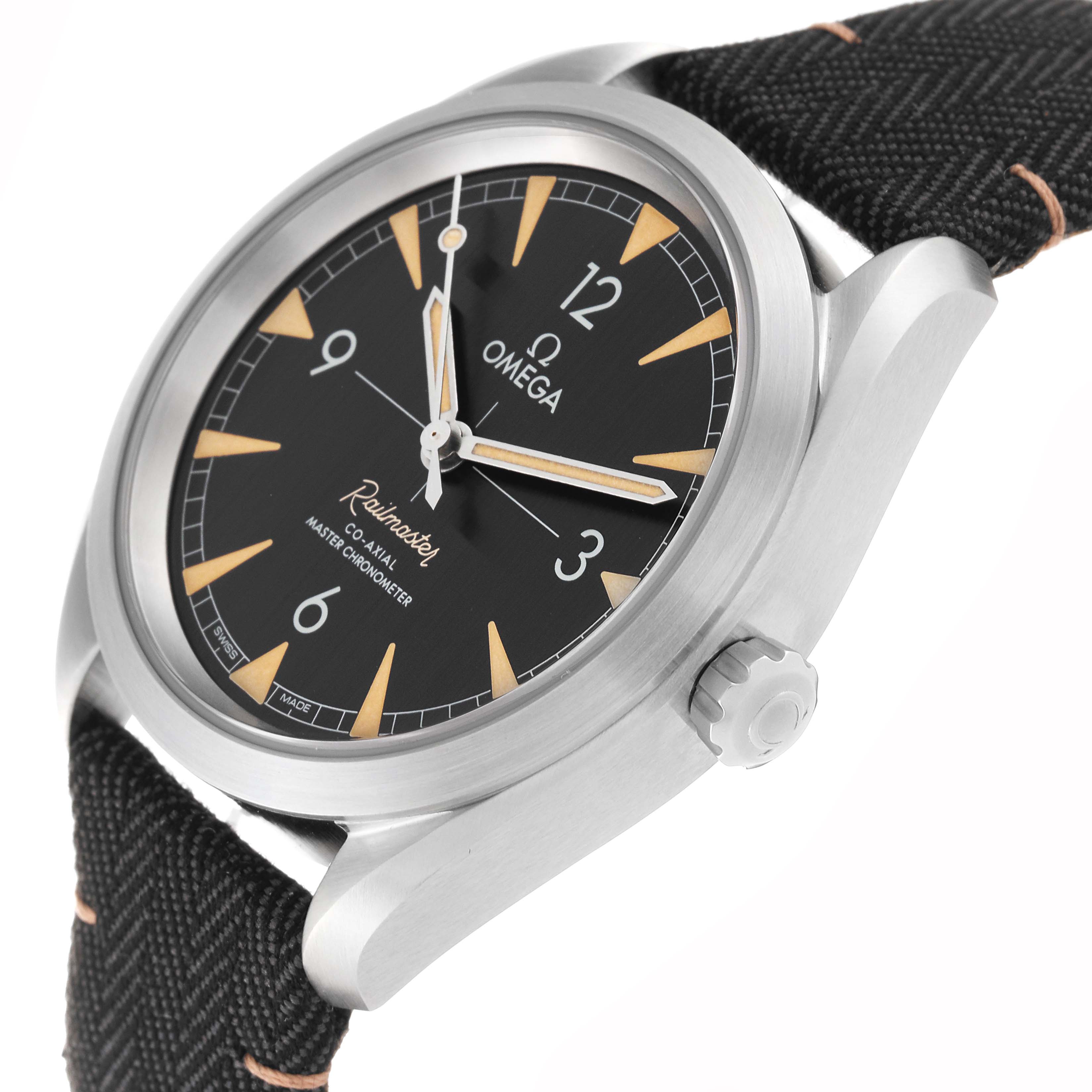 The image shows a side-angle view of an Omega Seamaster 220.12.40.20.01.001 Men
s Stainless Steel Black Dial 220.12.40.20.01.001 Men
s Stainless Steel Black Dial Railmaster watch, highlighting the dial, case, crown, and strap.