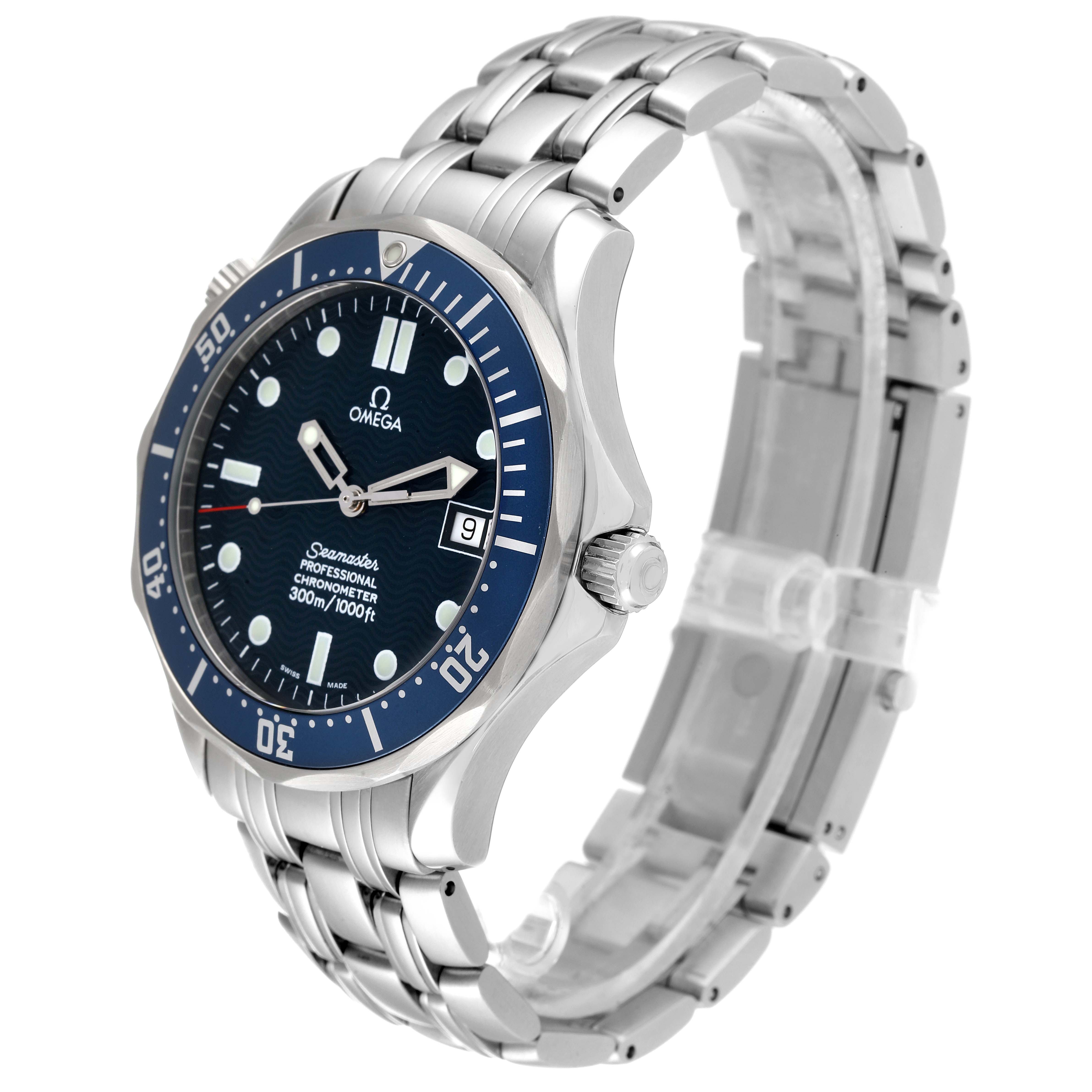 This Omega Seamaster 2531.80.00 Men's Stainless Steel Blue Dial 2531.80.00 Men's Stainless Steel Blue Dial watch is shown at a three-quarter angle, highlighting its face, bezel, crown, and metal bracelet.