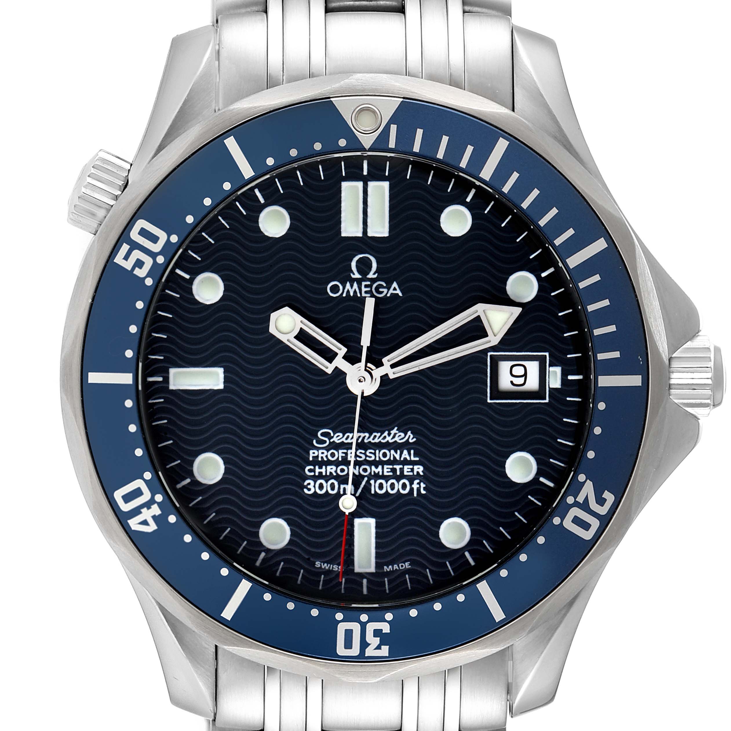 The Omega Seamaster 2531.80.00 Men's Stainless Steel Blue Dial 2531.80.00 Men's Stainless Steel Blue Dial watch is shown from a front angle, displaying the face, bezel, crown, and part of the bracelet.