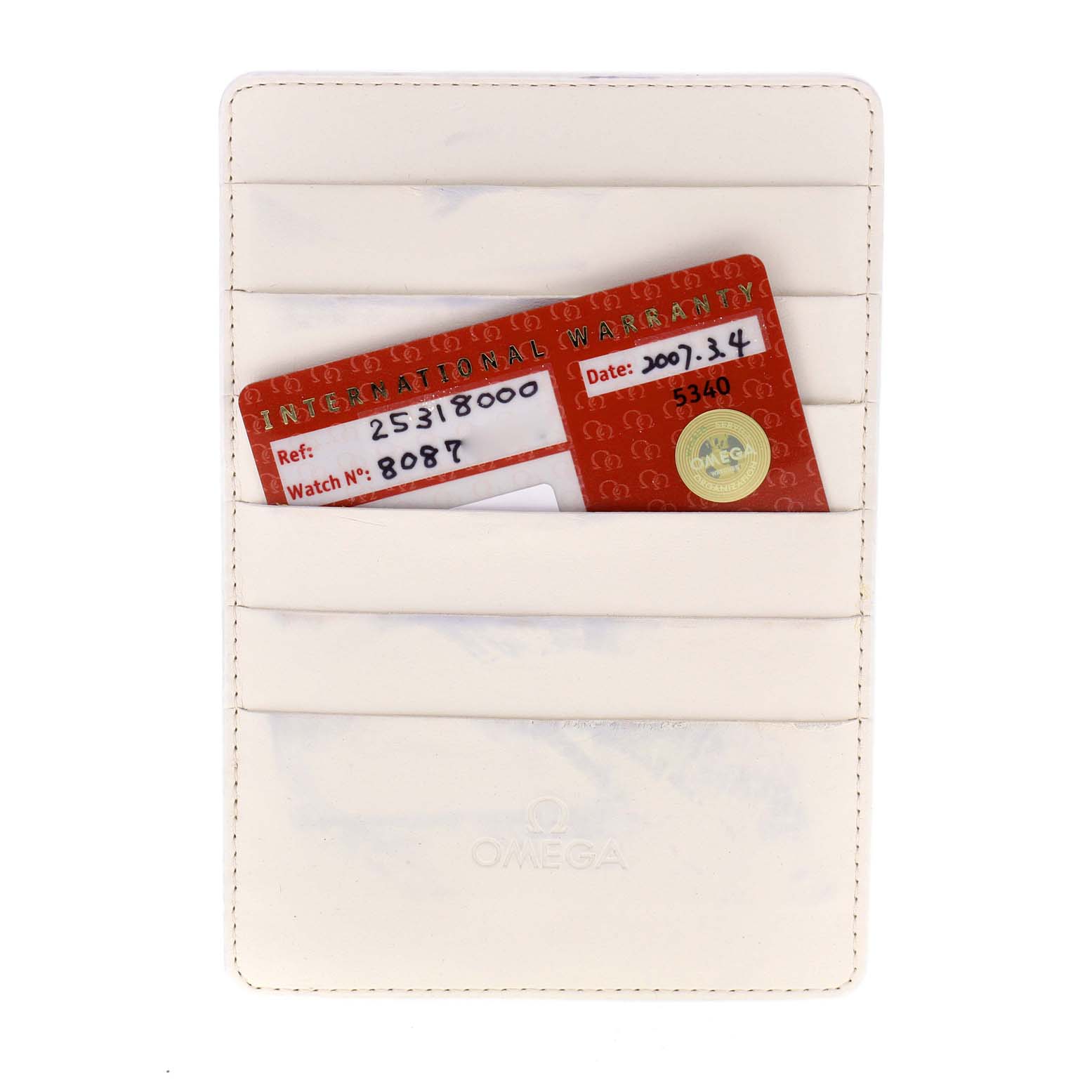 The image shows a warranty card and white card holder for an Omega Seamaster 2531.80.00 Men's Stainless Steel Blue Dial 2531.80.00 Men's Stainless Steel Blue Dial watch.