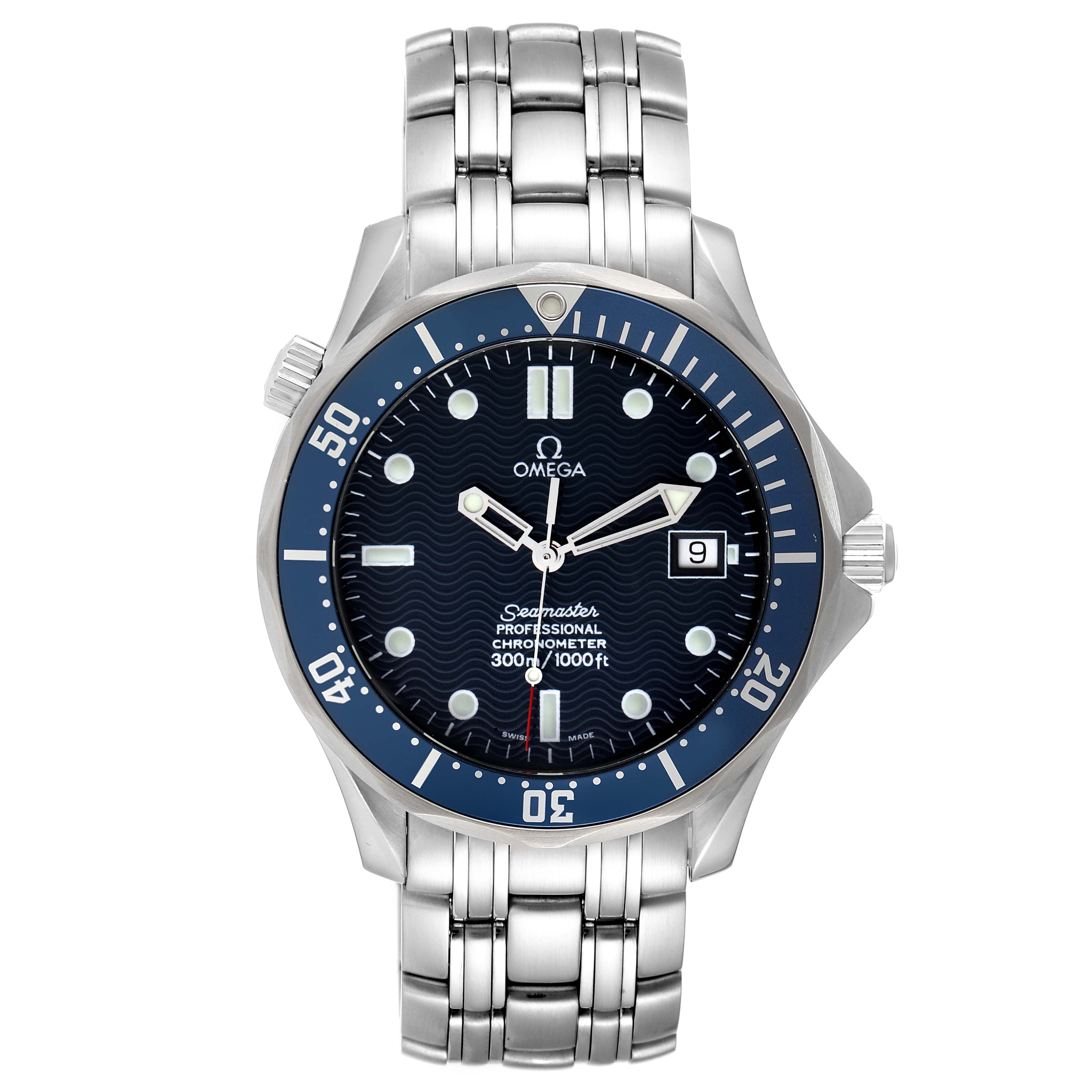 The Omega Seamaster 2531.80.00 Men's Stainless Steel Blue Dial 2531.80.00 Men's Stainless Steel Blue Dial watch is shown from a front angle, displaying the dial, bezel, case, crown, and bracelet.