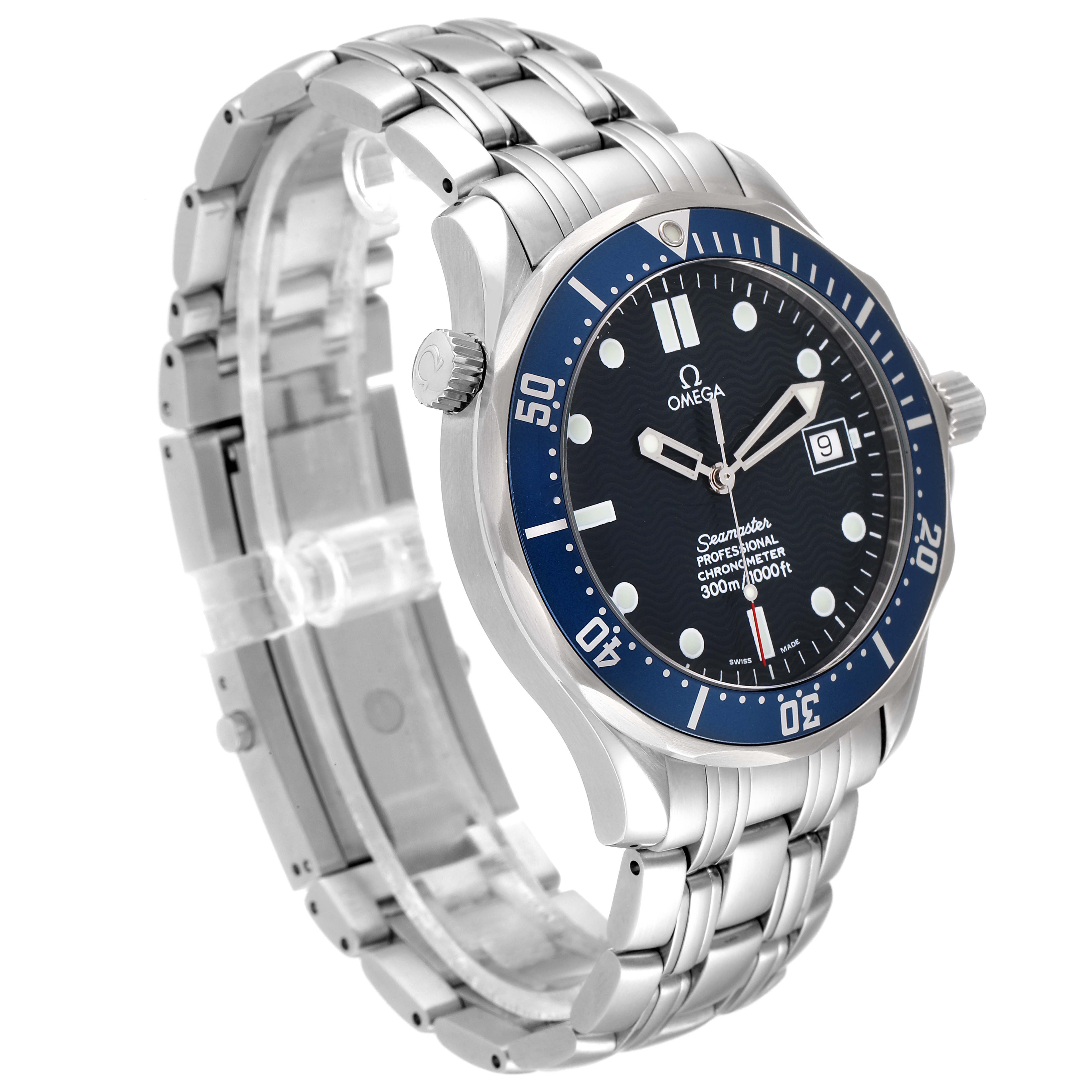 The Omega Seamaster 2531.80.00 Men's Stainless Steel Blue Dial 2531.80.00 Men's Stainless Steel Blue Dial watch is shown at a slight angled side view, displaying its stainless steel bracelet, dial, bezel, and crown.