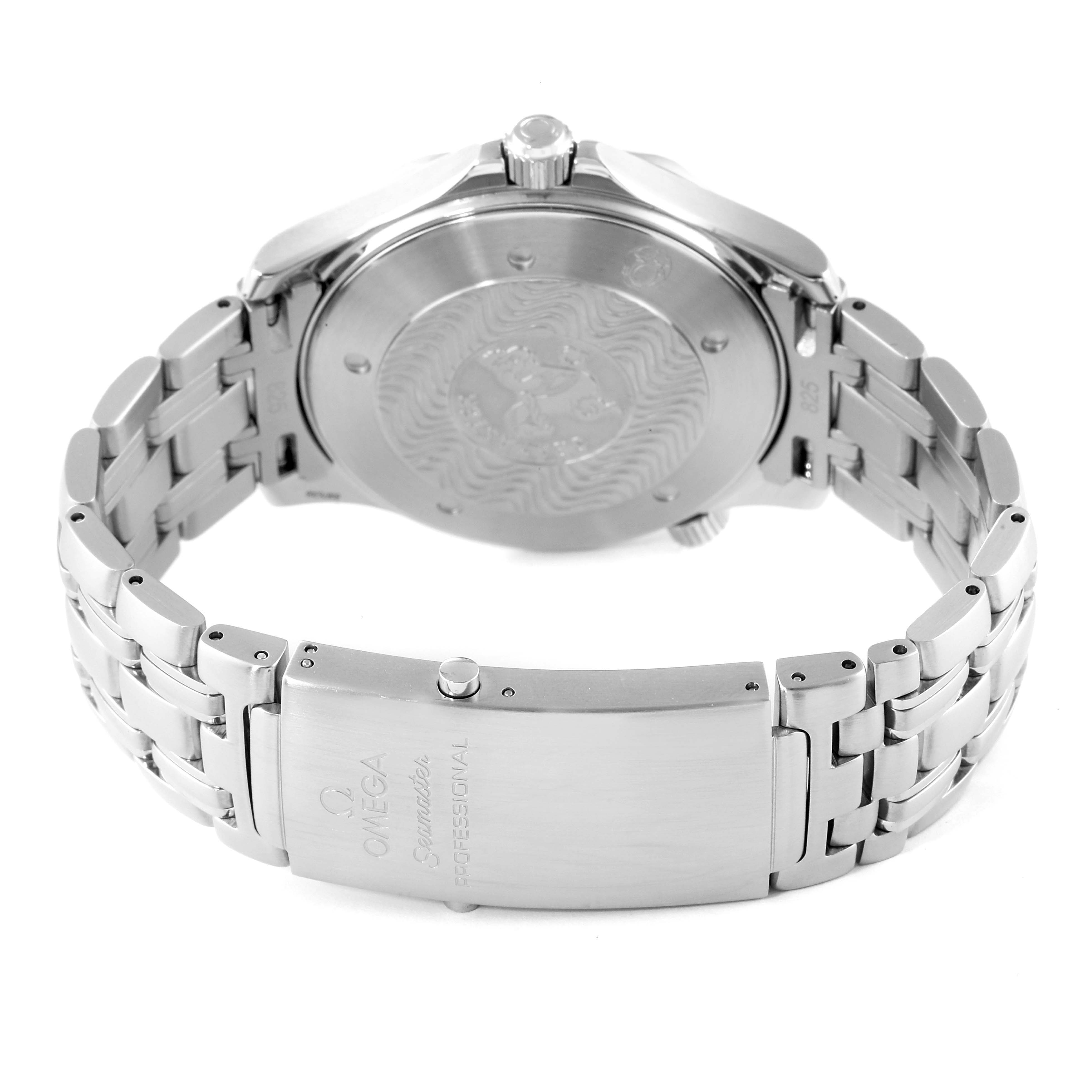 The image shows the back case and stainless steel bracelet of an Omega Seamaster 2531.80.00 Men's Stainless Steel Blue Dial 2531.80.00 Men's Stainless Steel Blue Dial watch, including the clasp and crown.