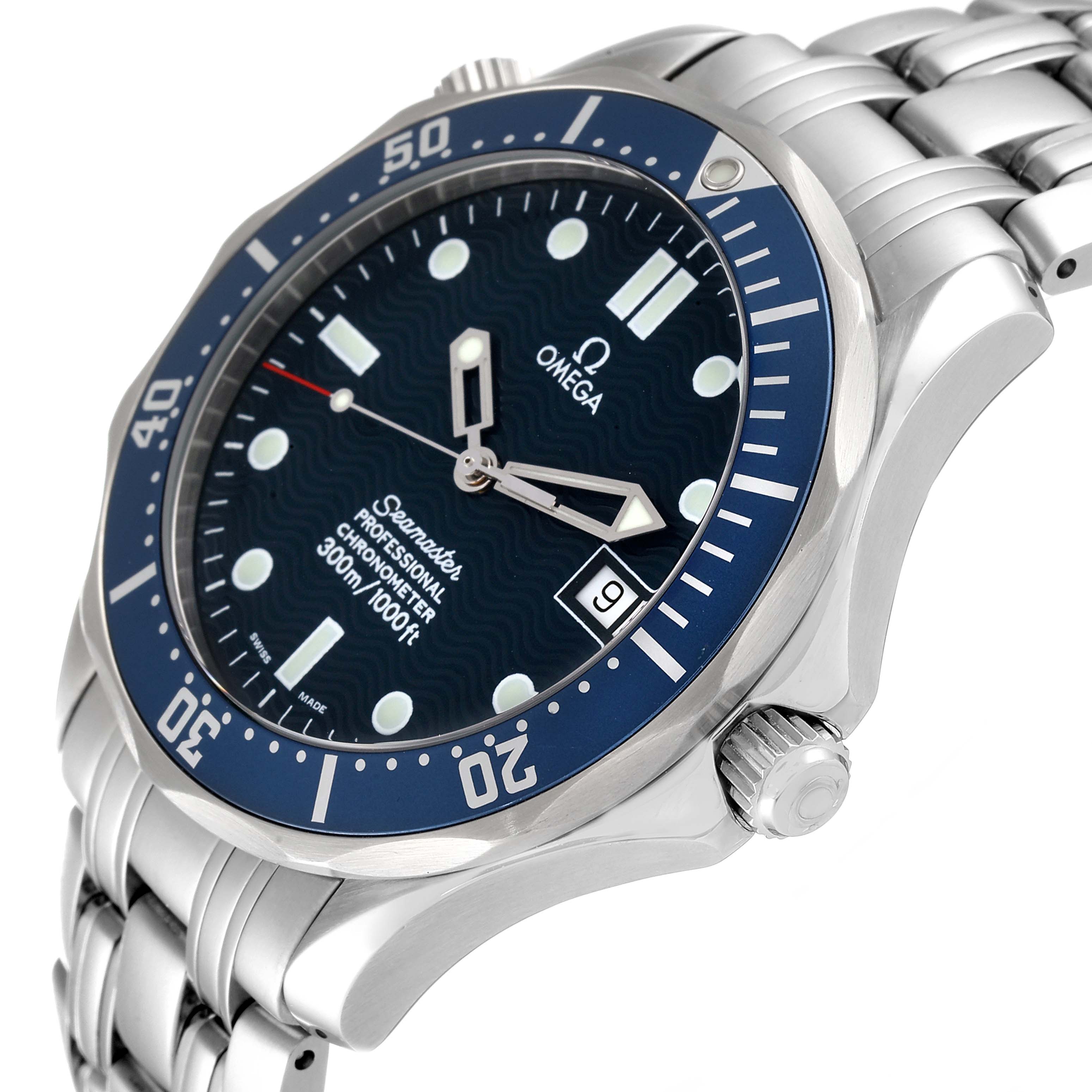 The image shows a side view of an Omega Seamaster 2531.80.00 Men's Stainless Steel Blue Dial 2531.80.00 Men's Stainless Steel Blue Dial model watch highlighting the dial, bezel, crown, and part of the bracelet.