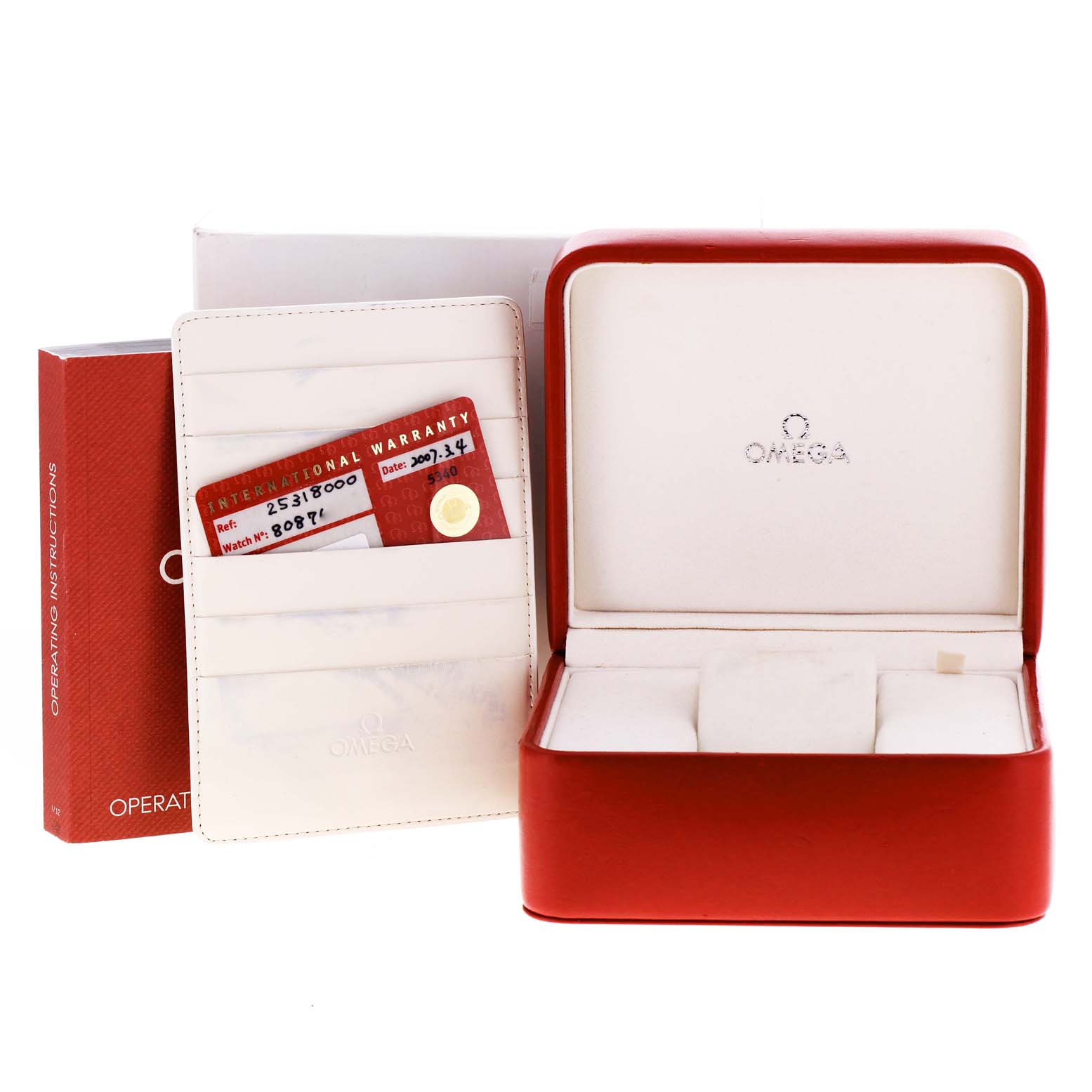 The image shows the packaging, warranty cards, instruction booklet, and case for an Omega Seamaster 2531.80.00 Men's Stainless Steel Blue Dial 2531.80.00 Men's Stainless Steel Blue Dial watch.