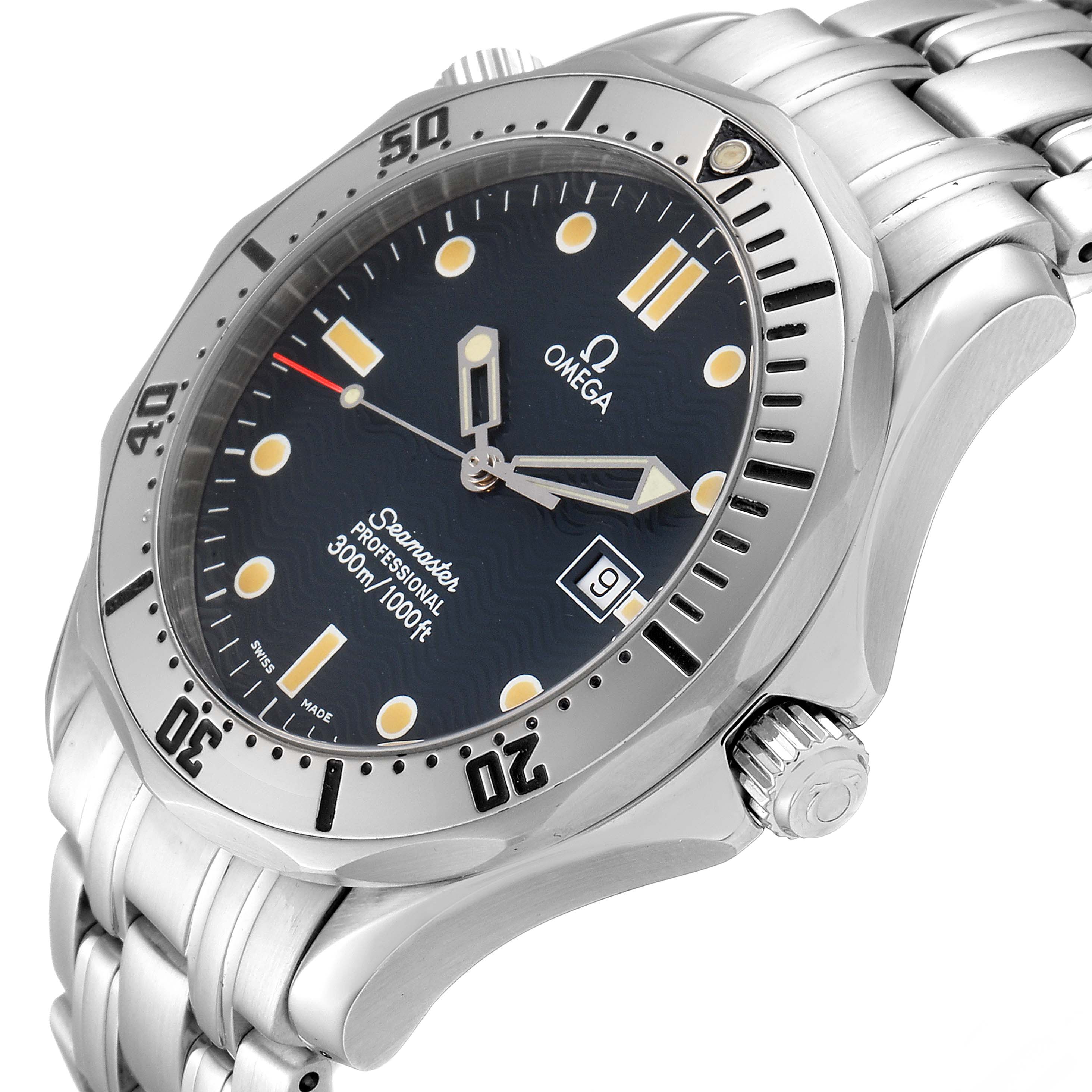 The Omega Seamaster 2542.80.00 Men
s Stainless Steel Blue Dial 2542.80.00 Men
s Stainless Steel Blue Dial watch is shown at a slight angle, highlighting its face, bezel, crown, and part of the bracelet.