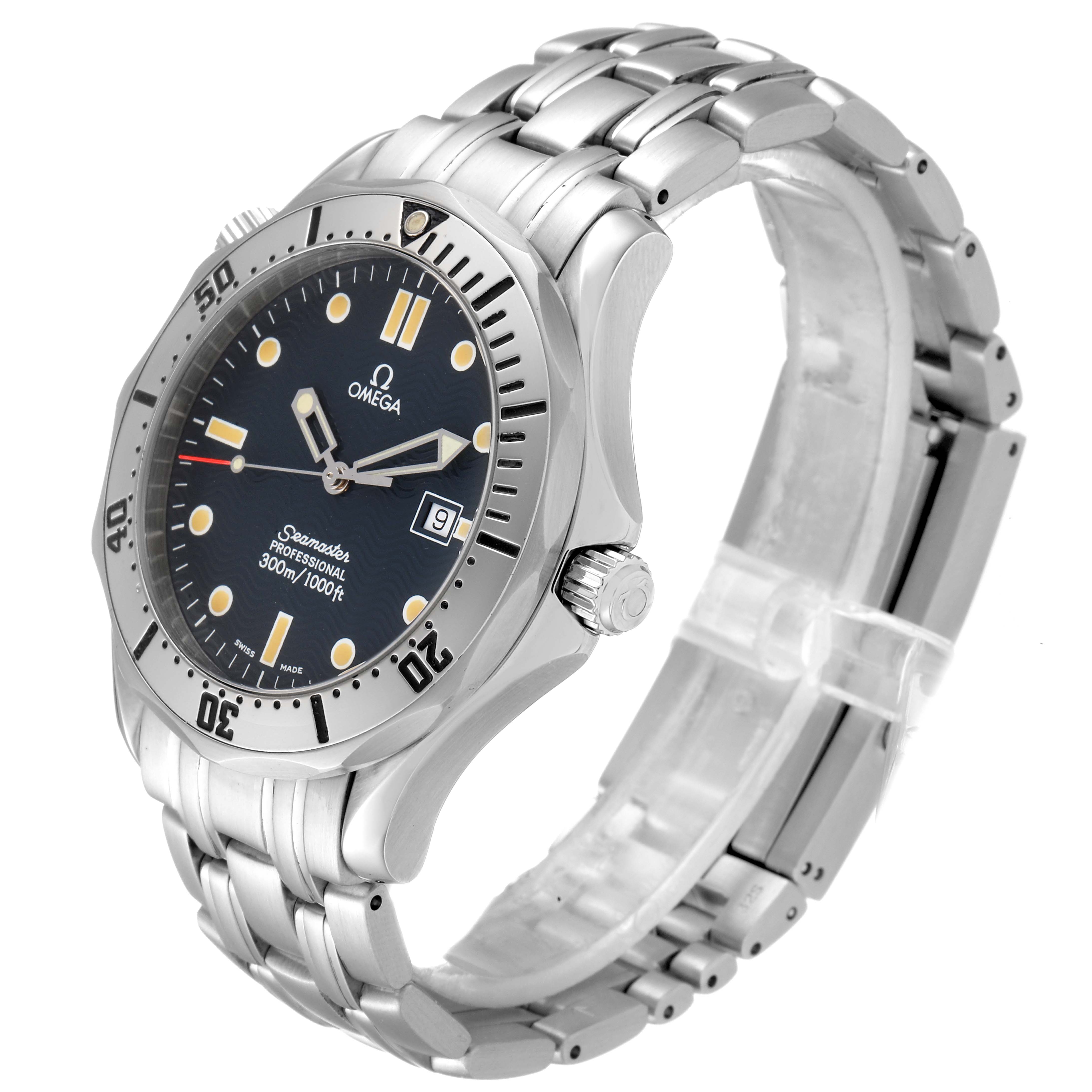 The Omega Seamaster 2542.80.00 Men
s Stainless Steel Blue Dial 2542.80.00 Men
s Stainless Steel Blue Dial watch is shown at a three-quarter angle, highlighting the dial, bezel, bracelet, and crown.