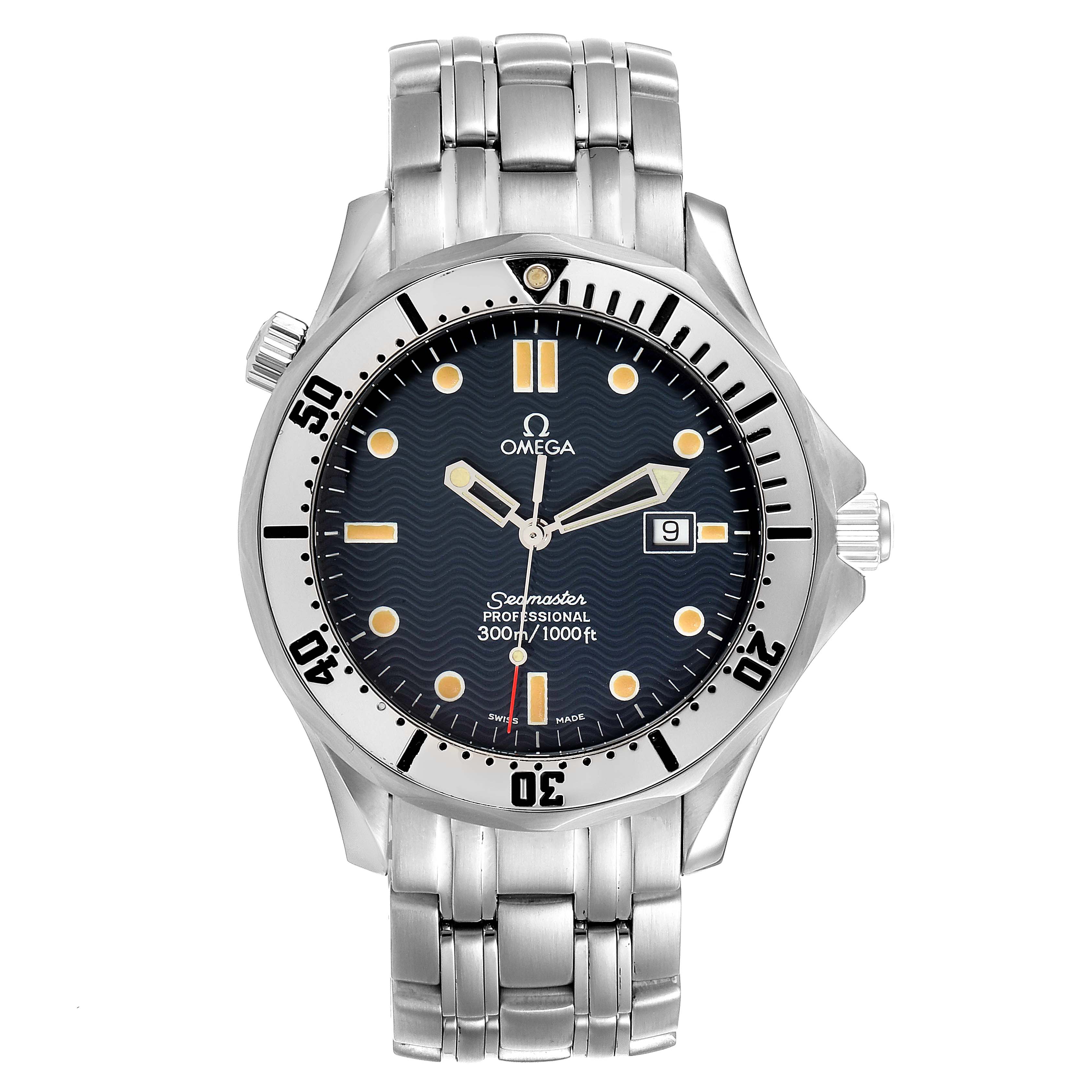The Omega Seamaster 2542.80.00 Men
s Stainless Steel Blue Dial 2542.80.00 Men
s Stainless Steel Blue Dial watch is shown from the front angle, highlighting its face, bezel, dial, and stainless steel bracelet.