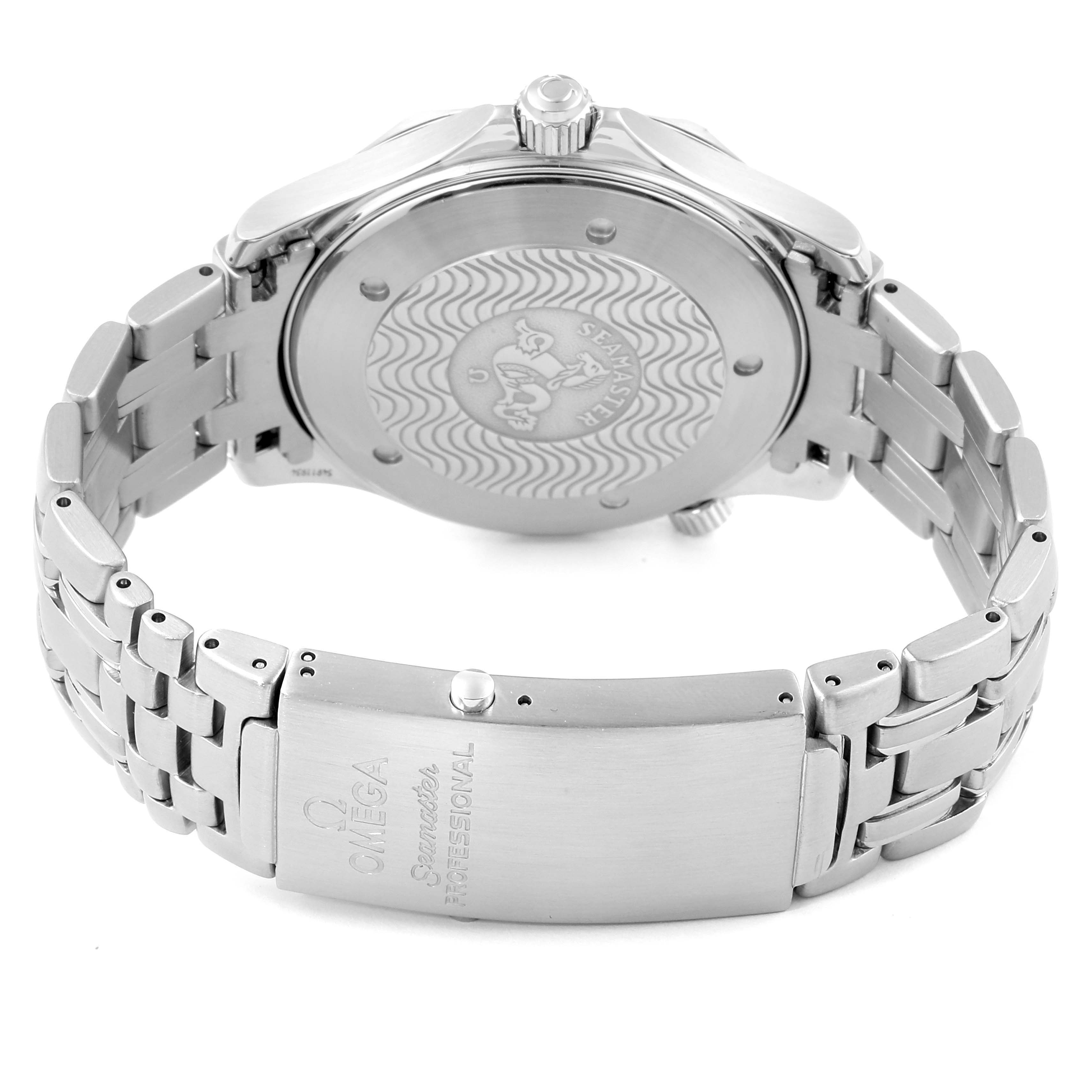 The image shows the back case and clasp of the Omega Seamaster 2542.80.00 Men
s Stainless Steel Blue Dial 2542.80.00 Men
s Stainless Steel Blue Dial watch at a slight angle.