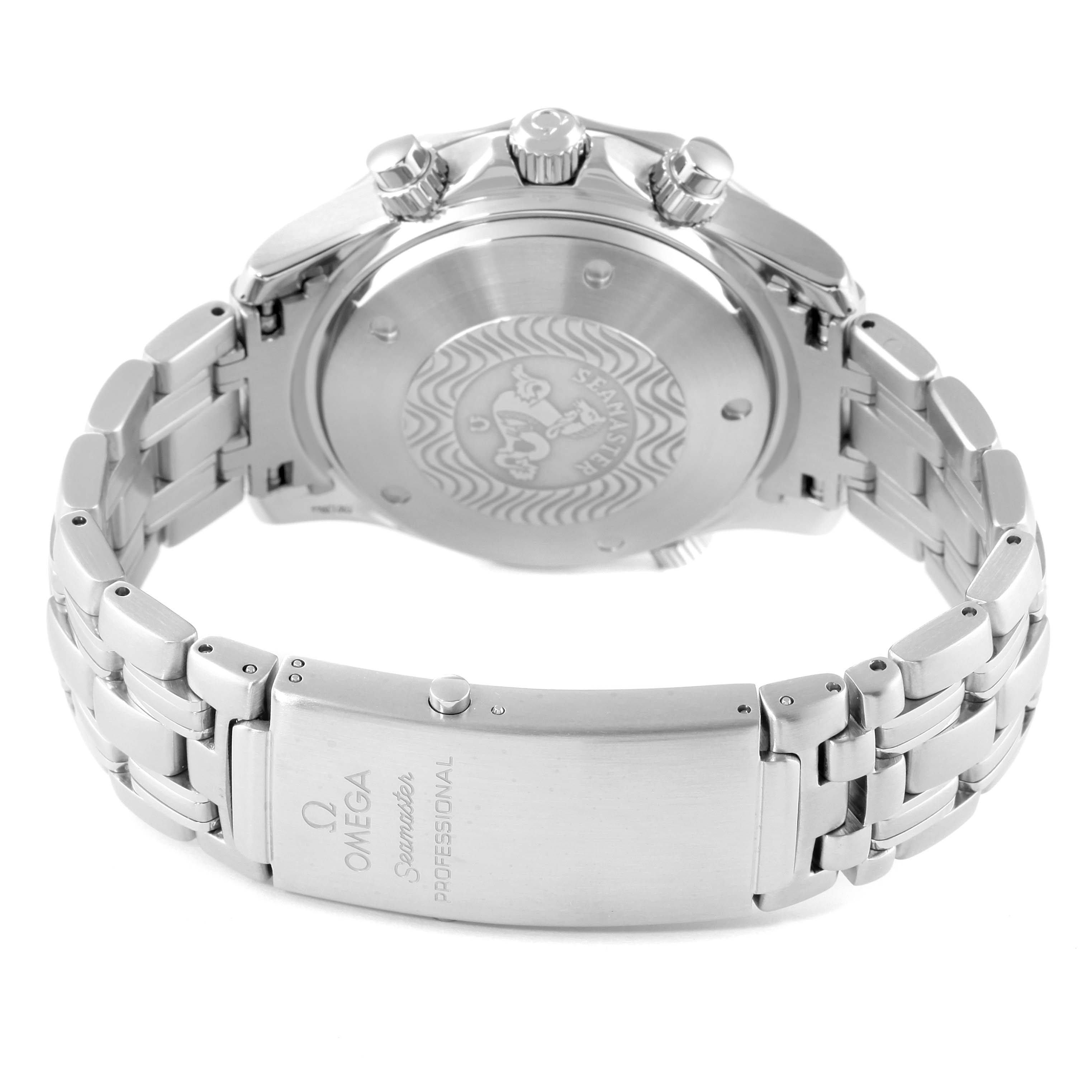 The image shows the back and side profiles of an Omega Seamaster 2225.80.00 Men's Stainless Steel Blue Dial 2225.80.00 Men's Stainless Steel Blue Dial with its stainless steel bracelet and clasp visible.