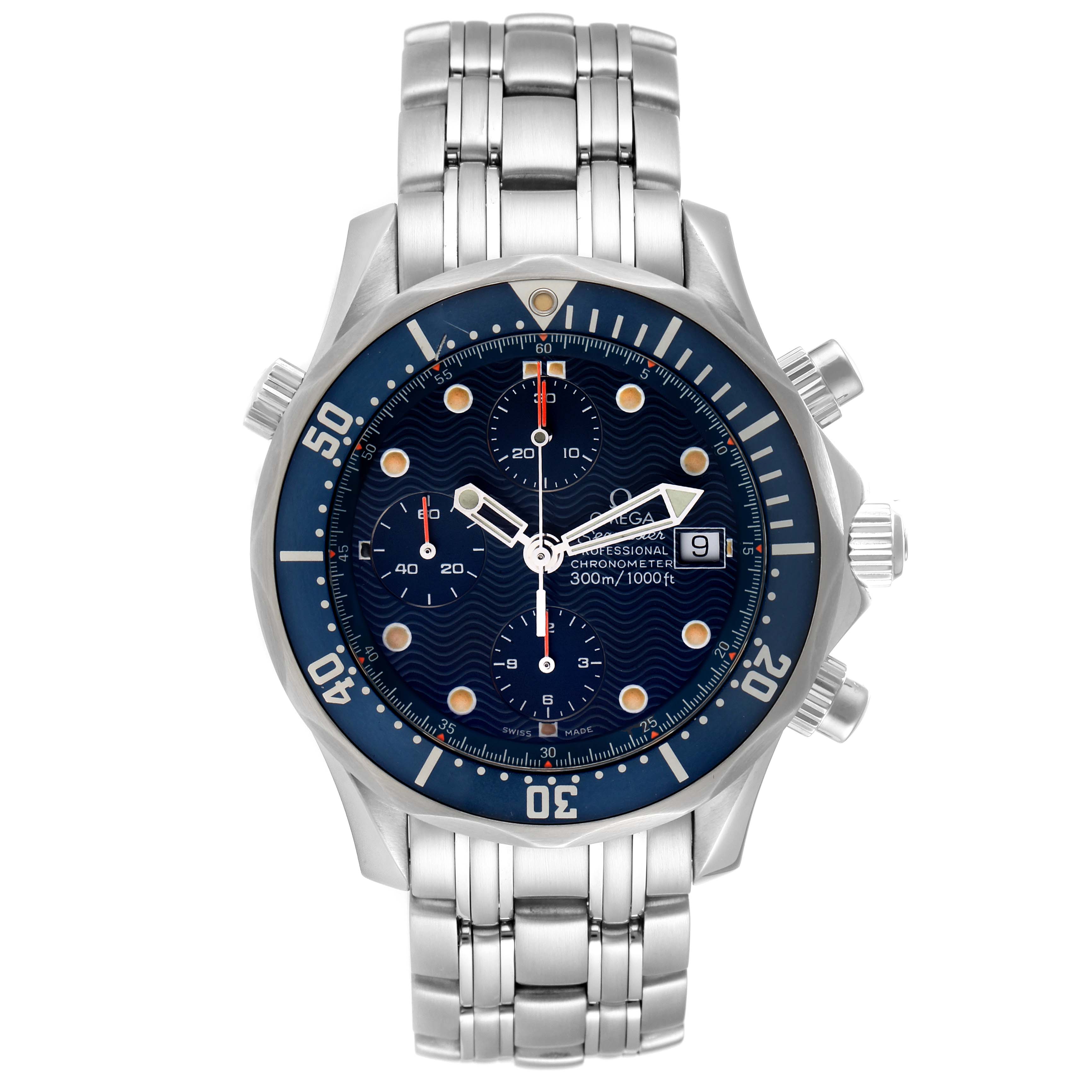 The Omega Seamaster 2225.80.00 Men's Stainless Steel Blue Dial 2225.80.00 Men's Stainless Steel Blue Dial watch is shown from a top-down angle, displaying the full face, bezel, crown, chronograph buttons, and bracelet.