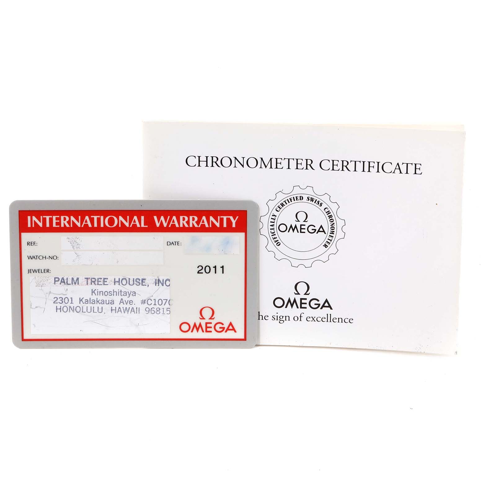 The image shows the warranty card and chronometer certificate for an Omega Seamaster 2225.80.00 Men's Stainless Steel Blue Dial 2225.80.00 Men's Stainless Steel Blue Dial watch.